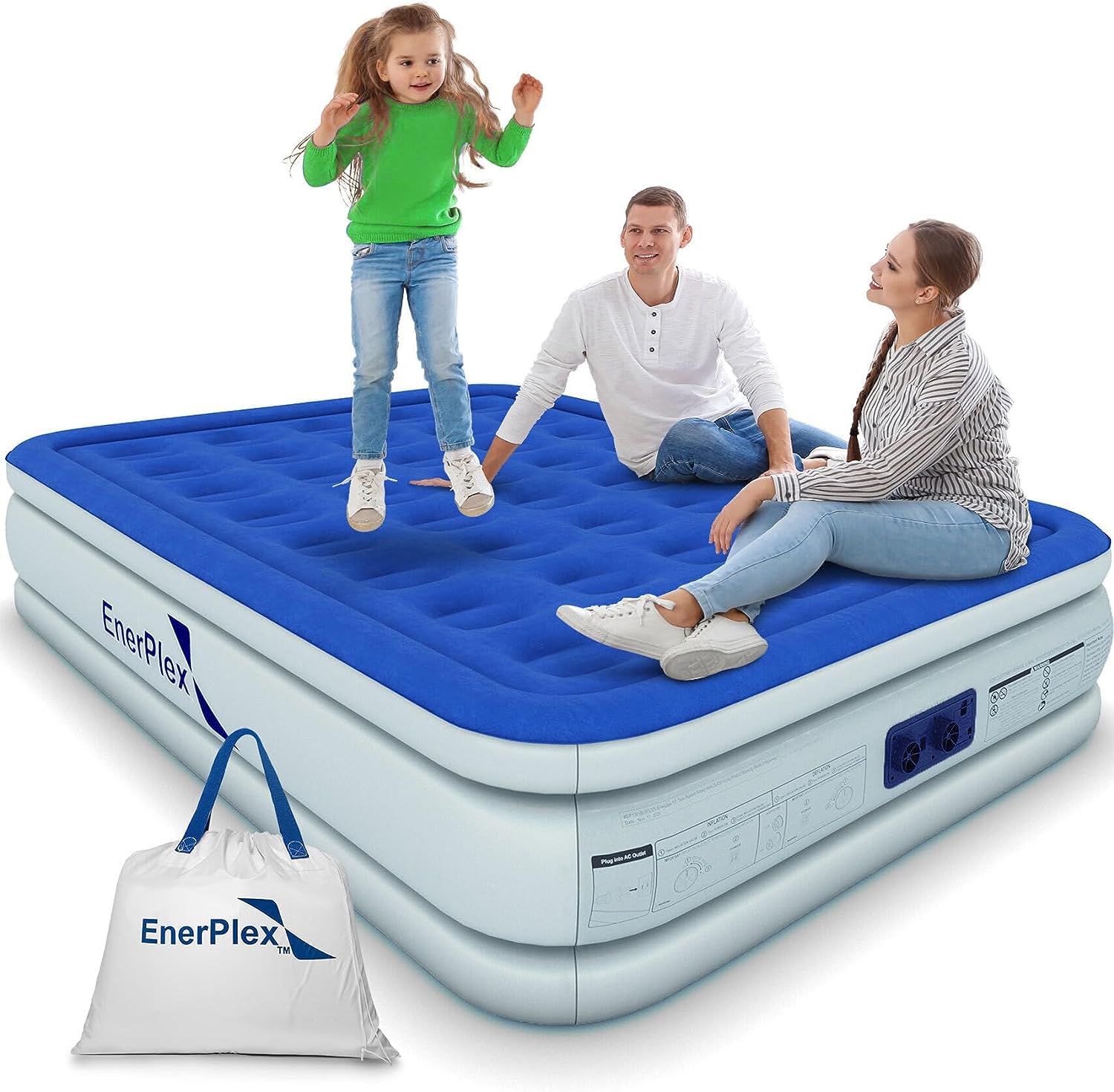 EnerPlex Queen Air Mattress with Built-in Pump - 16 Inch Double Height Inflatable Mattress for Camping, Home & Portable Travel - Durable Blow Up Bed with Dual Pump - Easy to Inflate/Quick Set Up?