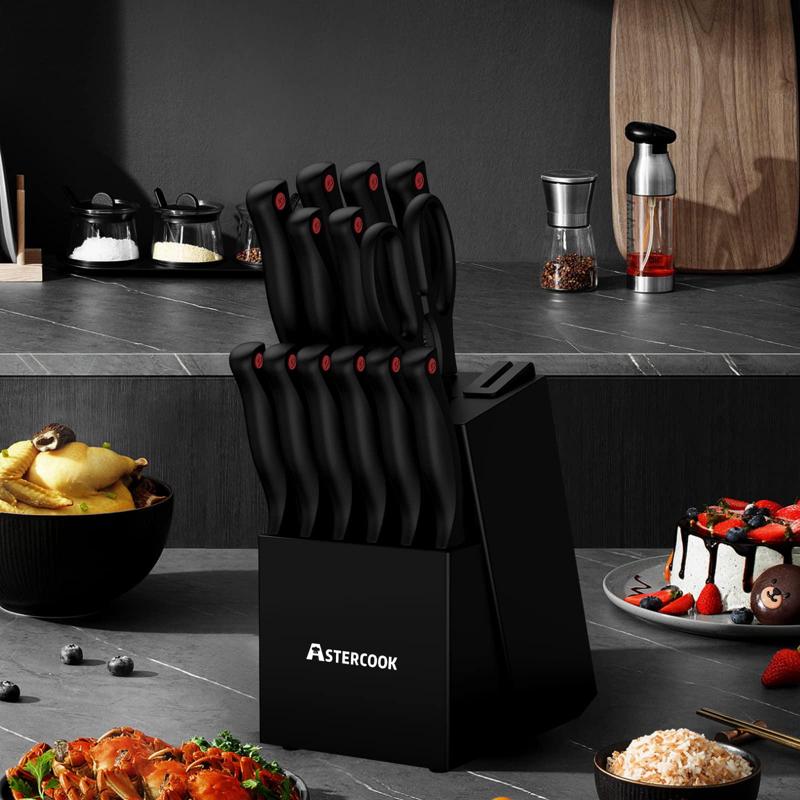 Astercook 15-Piece Knife Set with Built-in Sharpener, Dishwasher Safe High Carbon Stainless Steel Knives and Steak Knives, Black