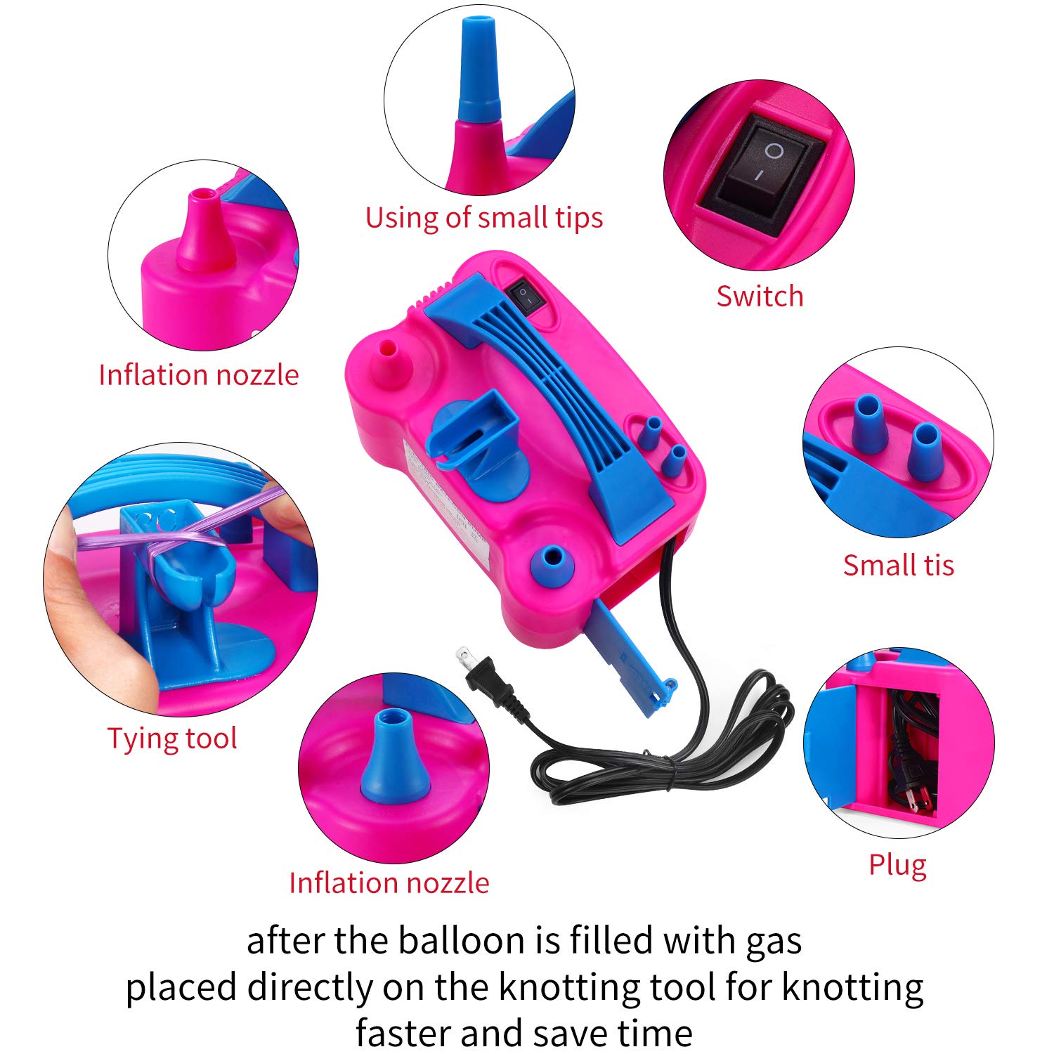 PCFING Electric Air Balloon Pump and Balloon Tying Tool in One,110V 600W Portable Dual Nozzles Electric Balloon Inflator for Party with Extra Accessories