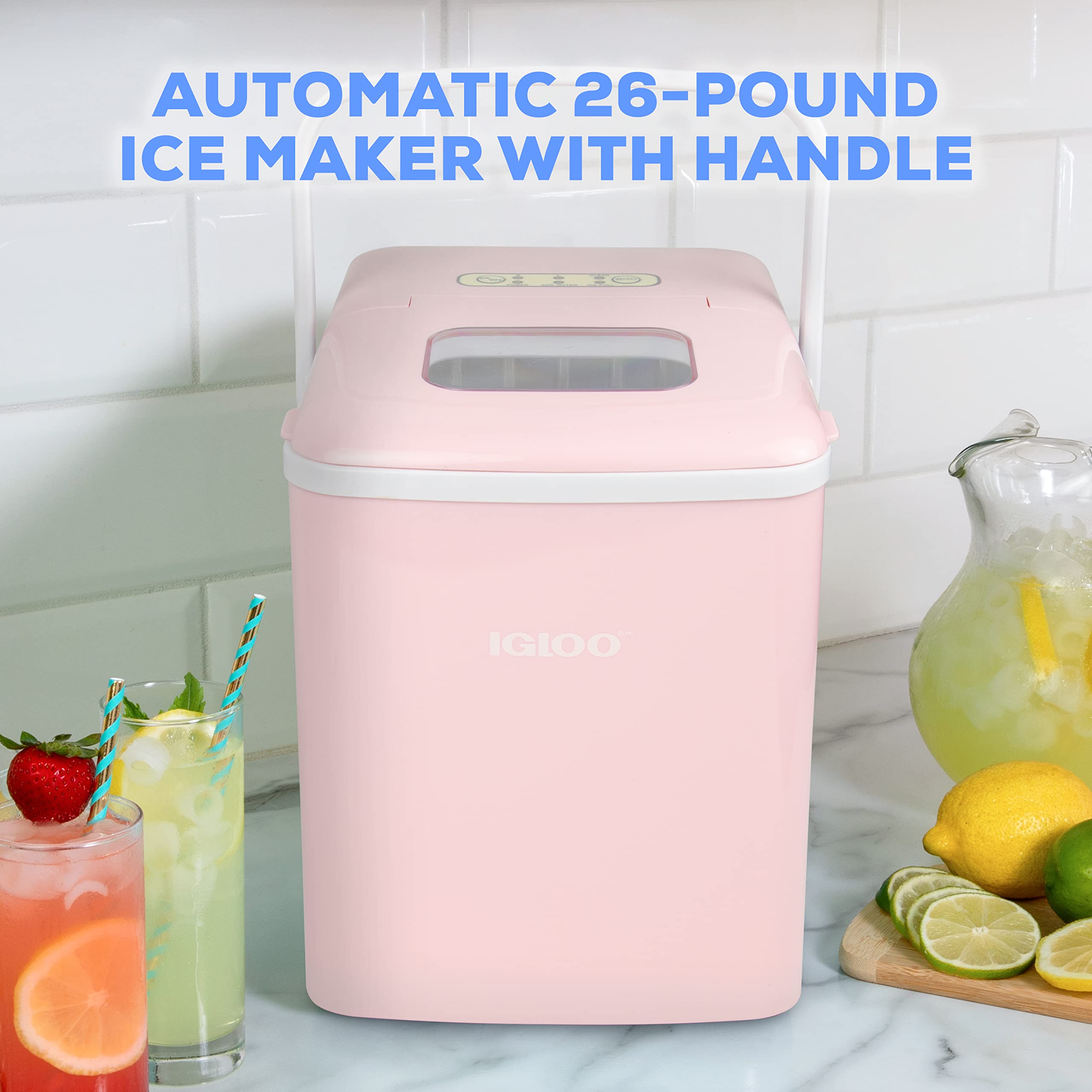 Igloo IGLICEB26HNPK 26-Pound Automatic Self-Cleaning Portable Countertop Ice Maker Machine with Handle, Pink