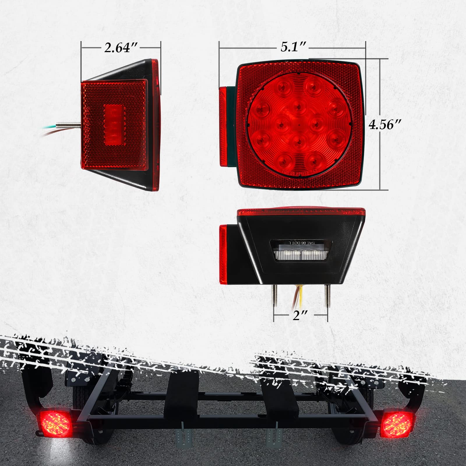 Partsam 12V Submersible Square Led Trailer Light,Red White LED Stop Turn Tail License Brake Running Light Lamp for Trailers Under 80