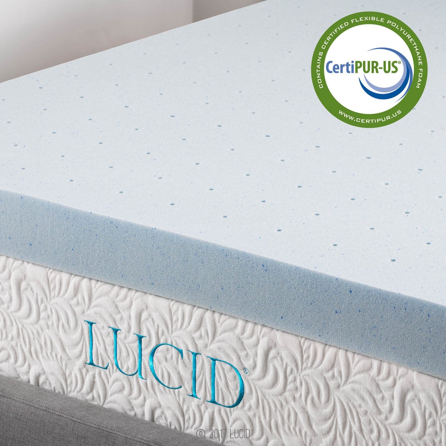 LUCID 4 Inch Gel Memory Foam Mattress Topper, Ventilated Design, Ultra Plush, CertiPUR-US Certified, King, Blue