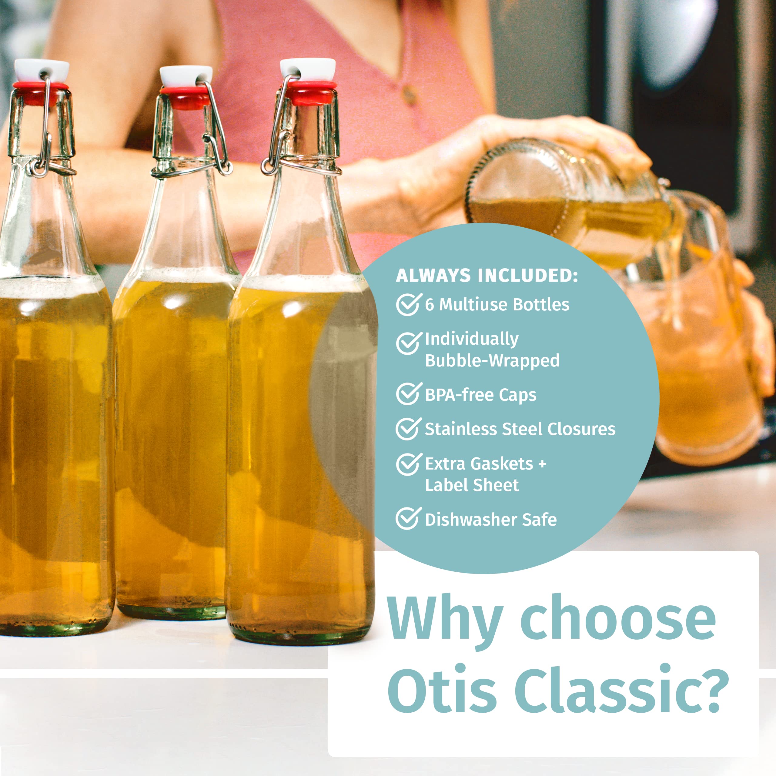 Otis Classic Swing Top Glass Bottles - Set of 6, 16oz w/Marker & Labels - Clear Bottle with Caps for Juice, Water, Kombucha, Wine, Beer Brewing, Kefir Milk or Eggnog