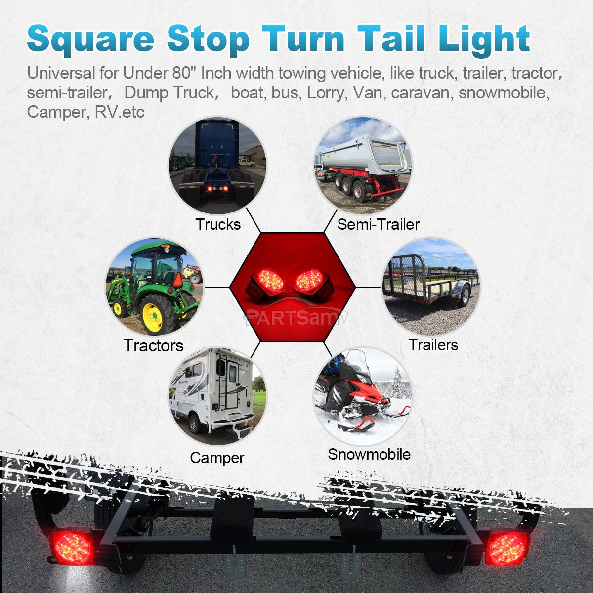 Partsam 12V Submersible Square Led Trailer Light,Red White LED Stop Turn Tail License Brake Running Light Lamp for Trailers Under 80