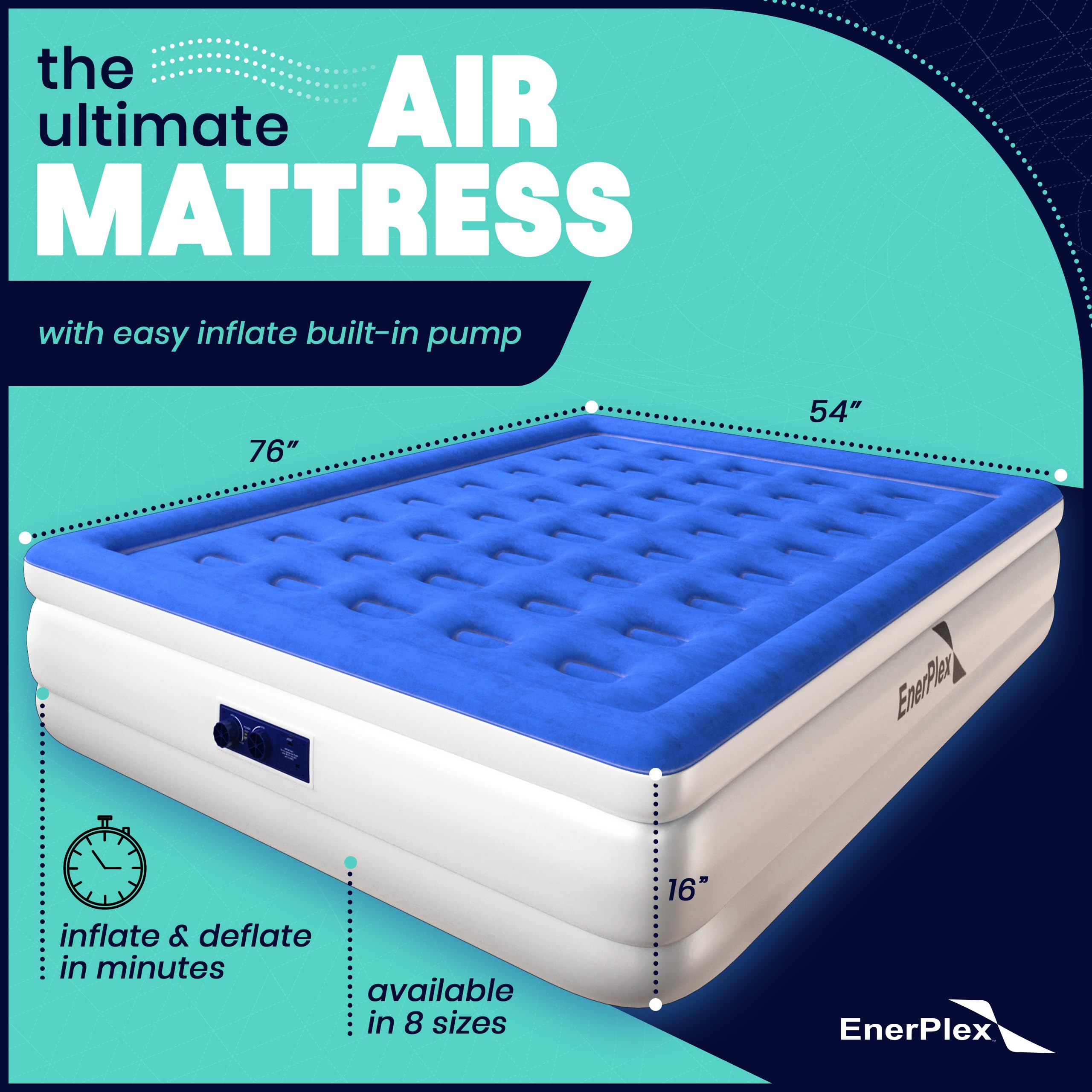 EnerPlex Queen Air Mattress with Built-in Pump - 16 Inch Double Height Inflatable Mattress for Camping, Home & Portable Travel - Durable Blow Up Bed with Dual Pump - Easy to Inflate/Quick Set Up?