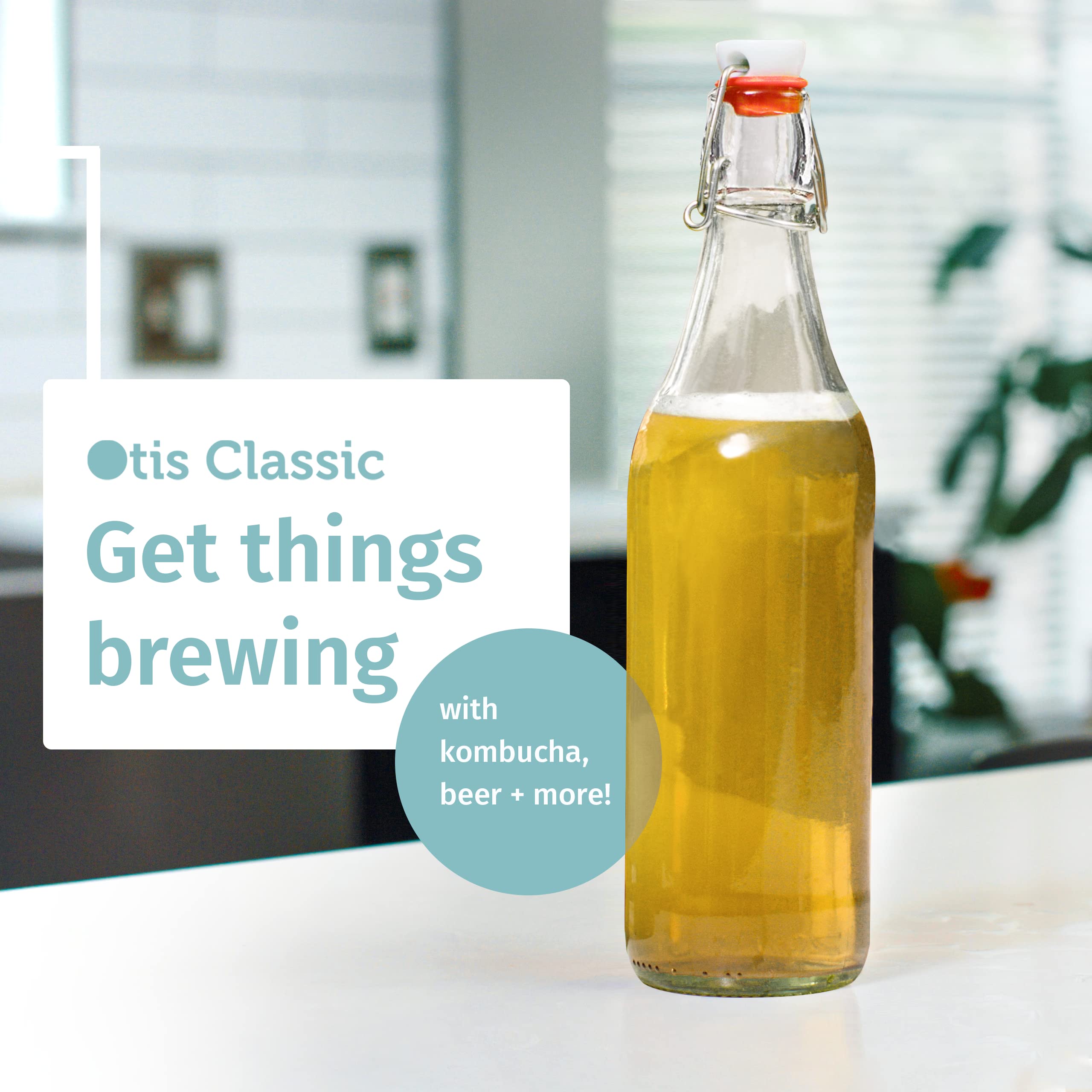 Otis Classic Swing Top Glass Bottles - Set of 6, 16oz w/Marker & Labels - Clear Bottle with Caps for Juice, Water, Kombucha, Wine, Beer Brewing, Kefir Milk or Eggnog