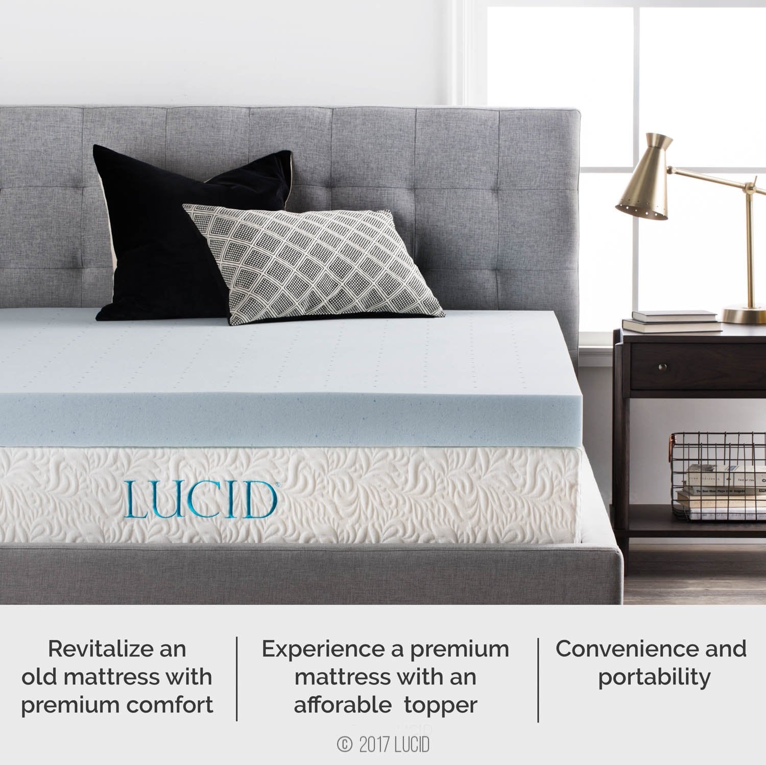 LUCID 4 Inch Gel Memory Foam Mattress Topper, Ventilated Design, Ultra Plush, CertiPUR-US Certified, King, Blue