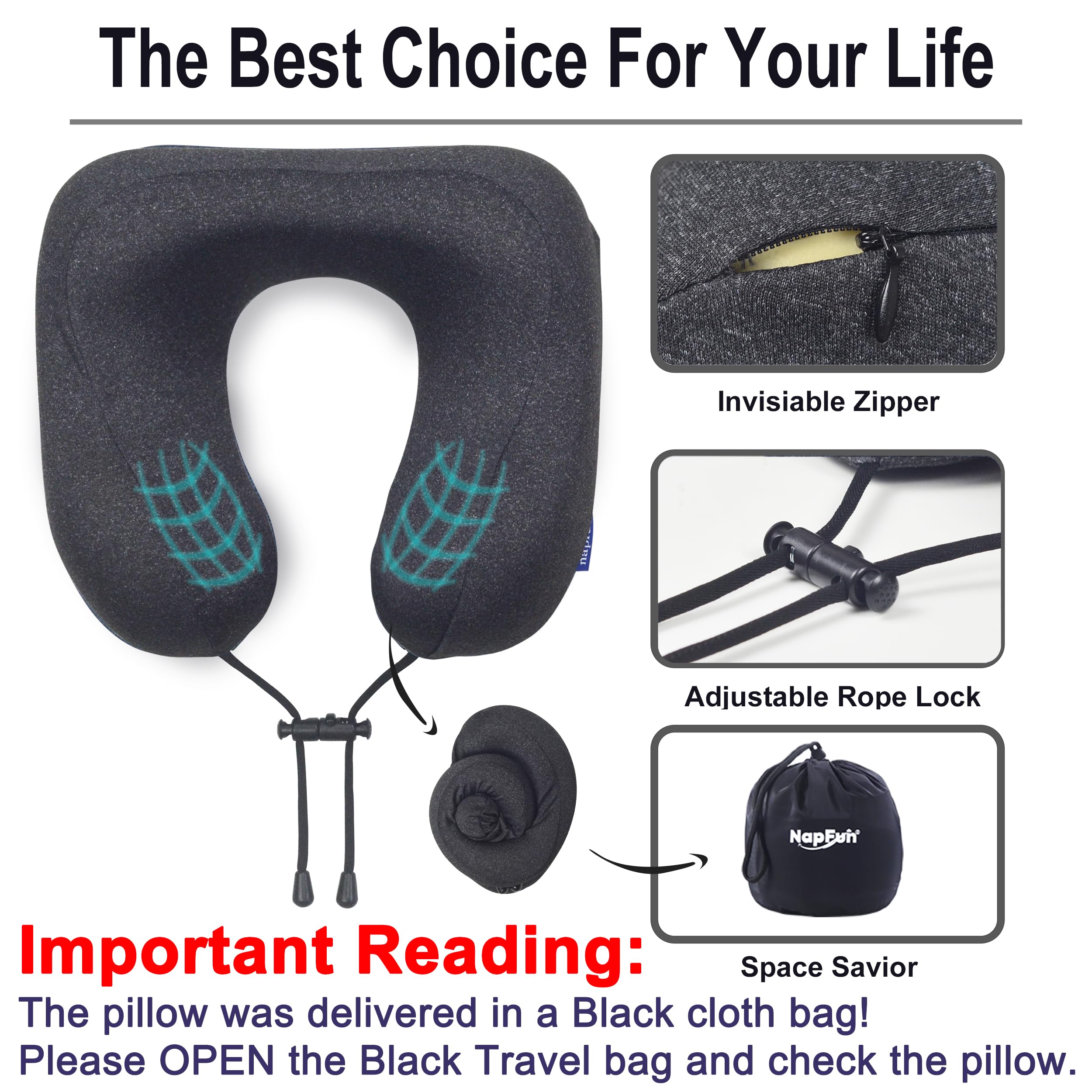 napfun Travel Pillow, Travel Accessories & Travel Essentials for Airplane Upgraded 100% Pure Memory Foam Travel Neck Pillow for Flight Headrest Sleep, Portable Plane Necessities, Full Black