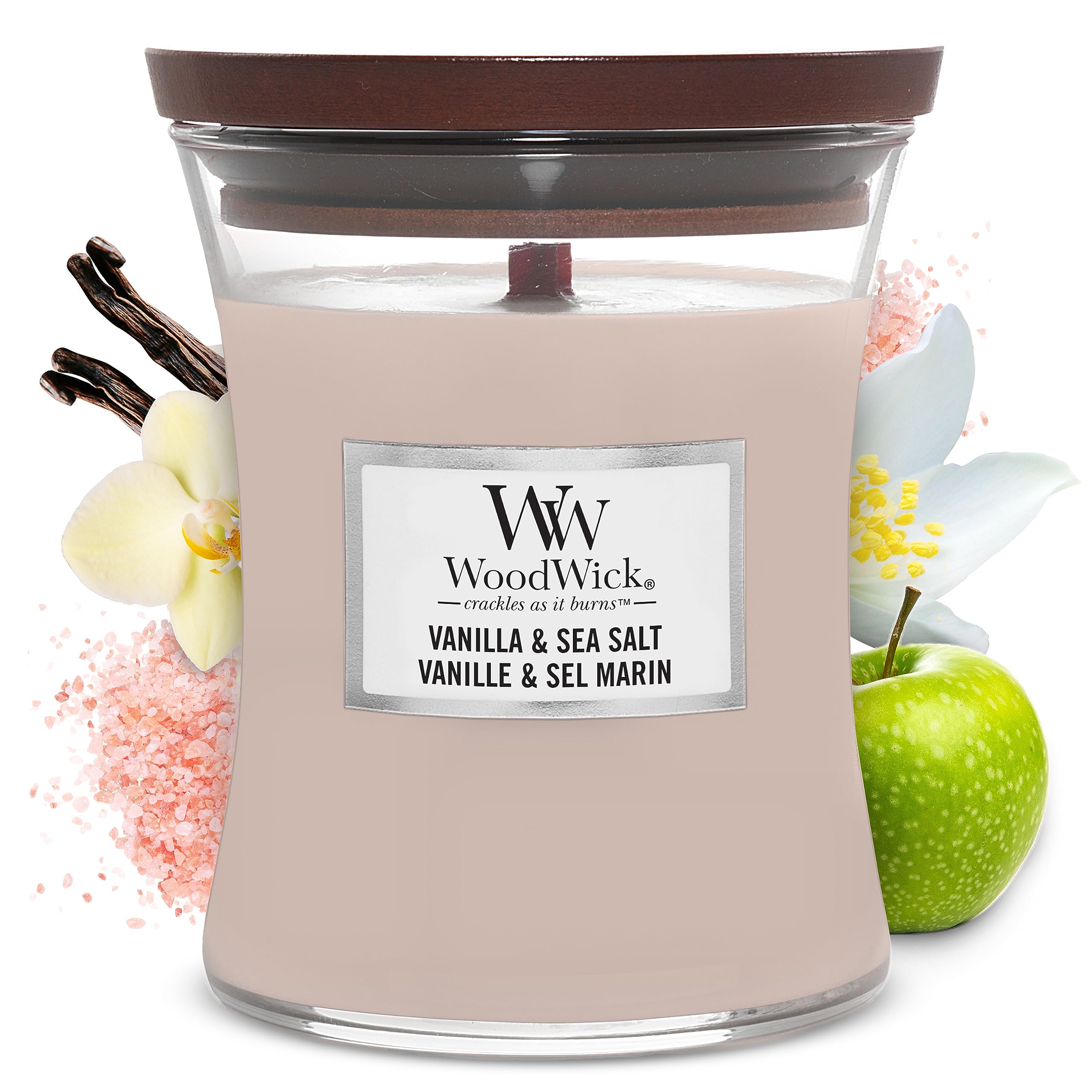 WoodWick Medium Hourglass Candle, Vanilla Sea Salt - Premium Soy Blend Wax, Pluswick Innovation Wood Wick, Made in USA