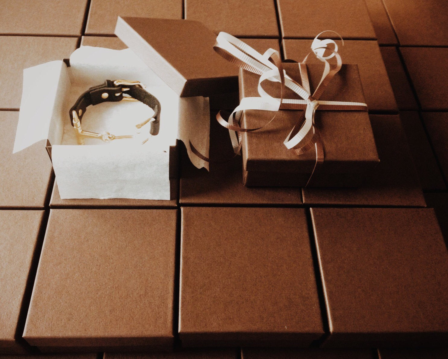 Jewelry Kraft Chocolate Brown box with lid, cotton insert, paper, and ribbon