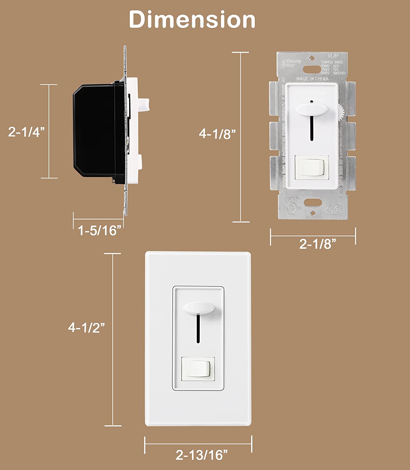 In Wall Dimmer Switch for LED Light/CFL/Incandescent,3-Way Single Pole Dimmable Slide,600 Watt max,Cover Plate Included,White