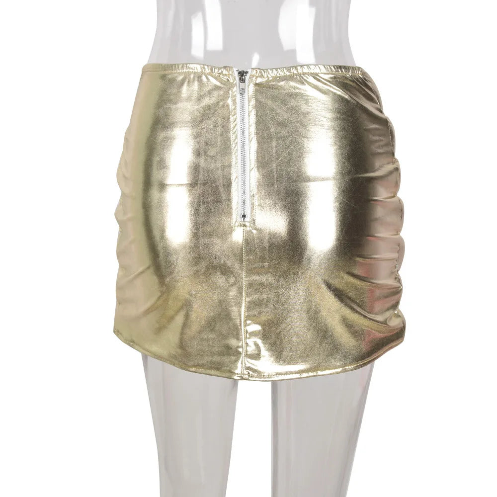 Sexy Shiny Metallic Street Style Slim Fit Puffer Mini Skirt for Women
