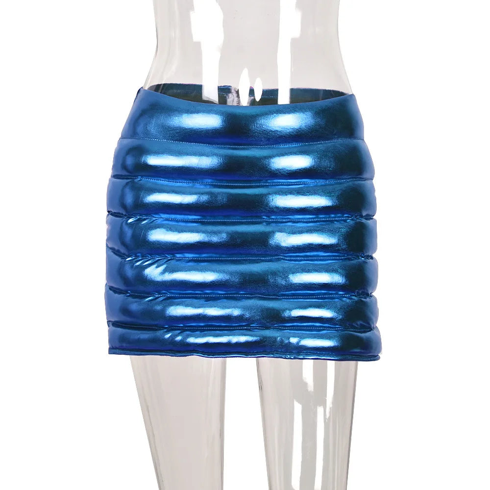 Sexy Shiny Metallic Street Style Slim Fit Puffer Mini Skirt for Women