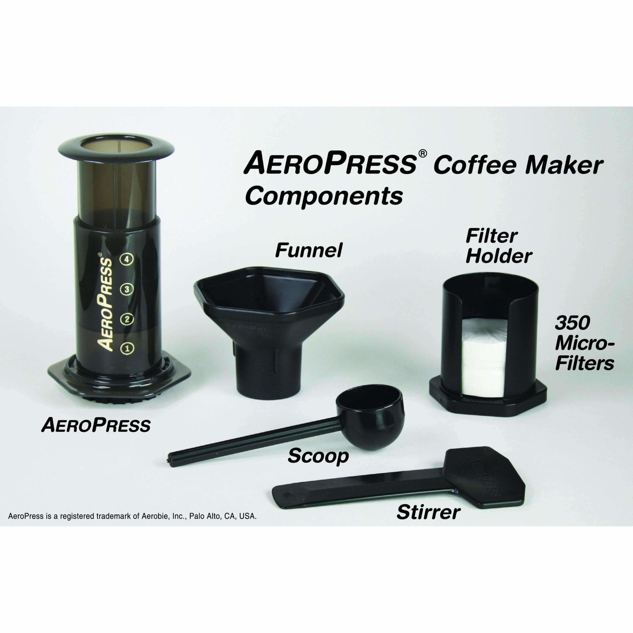 Take your coffee gear with you wherever you go. The AeroPress Original is lightweight, compact, and portable, making it ideal for traveling, camping, backpacking, boating, and more. The kit includes everything you need for your coffee adventures, including the AeroPress Original Chamber & Plunger, replacement micro-filters, filter holder & cap, funnel, scoop, and stirrer.