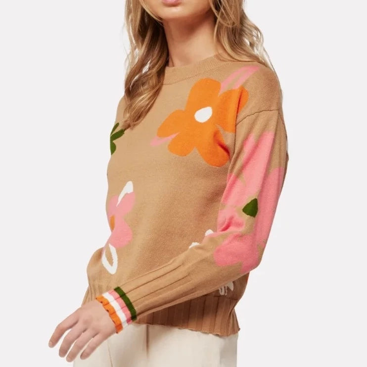 Abstract Floral Crew Sweater | Camel