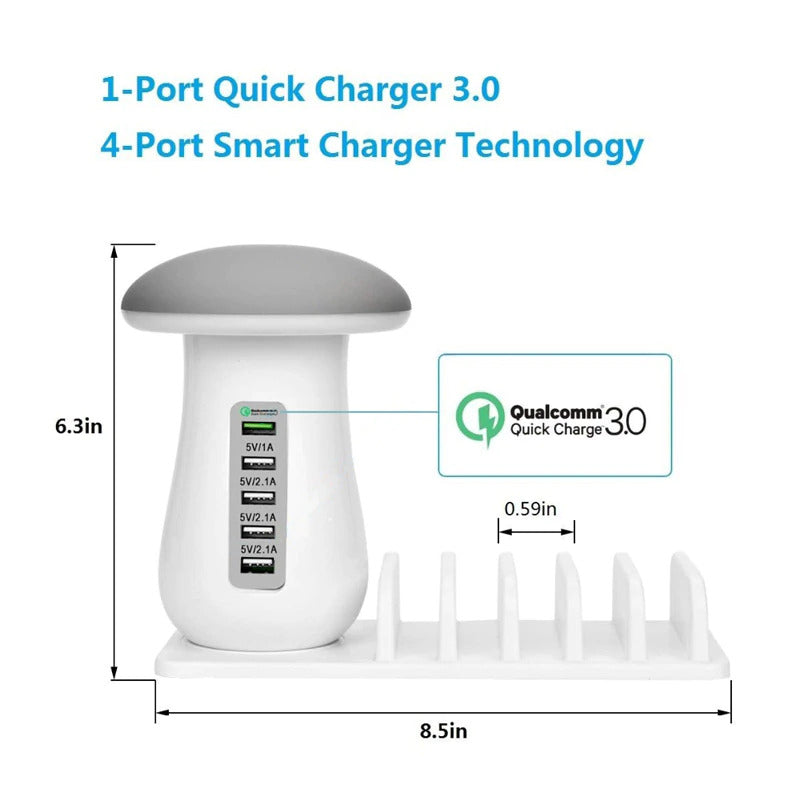 5-Ports USB Charger Charge 3.0 Technology with with Mushroom Lamp