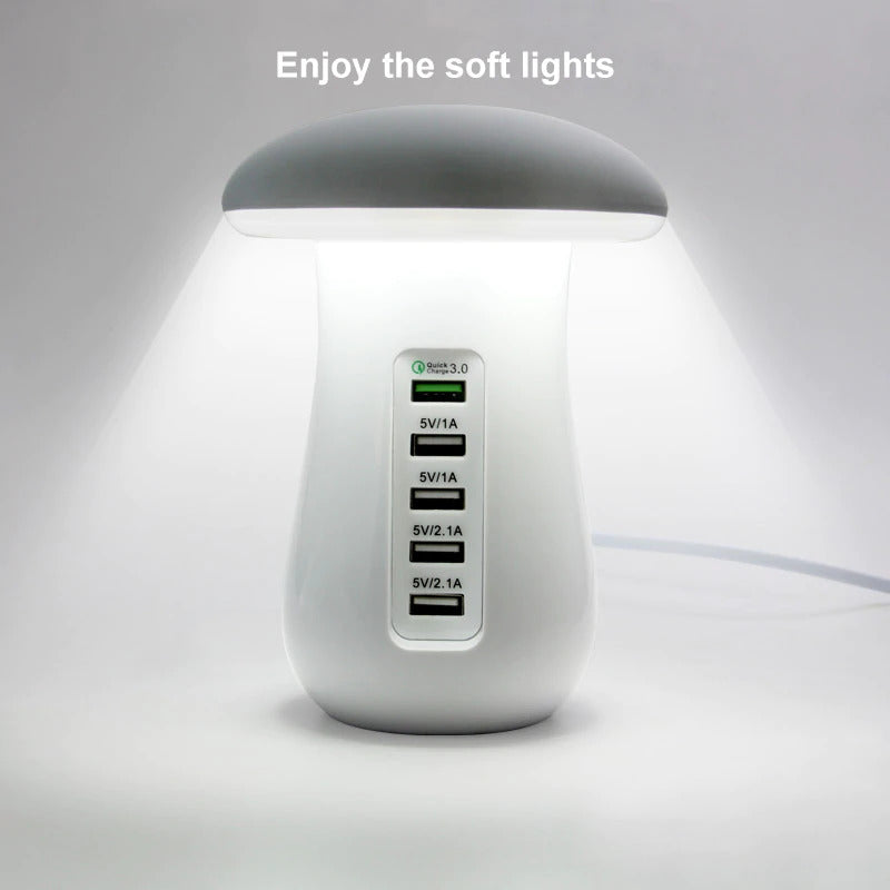 5-Ports USB Charger Charge 3.0 Technology with with Mushroom Lamp