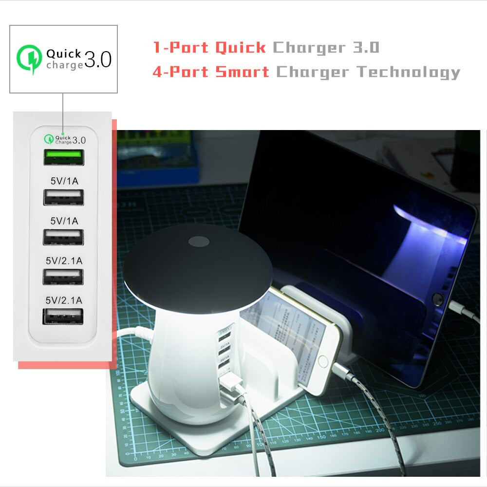 5-Ports USB Charger Charge 3.0 Technology with with Mushroom Lamp