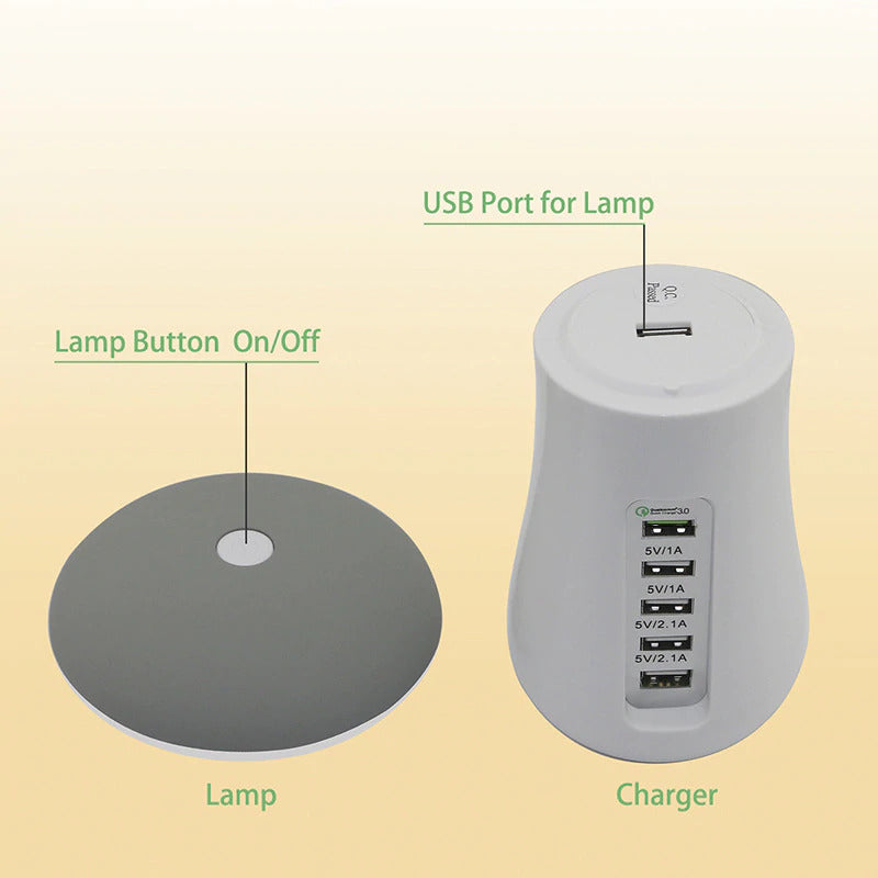 5-Ports USB Charger Charge 3.0 Technology with with Mushroom Lamp