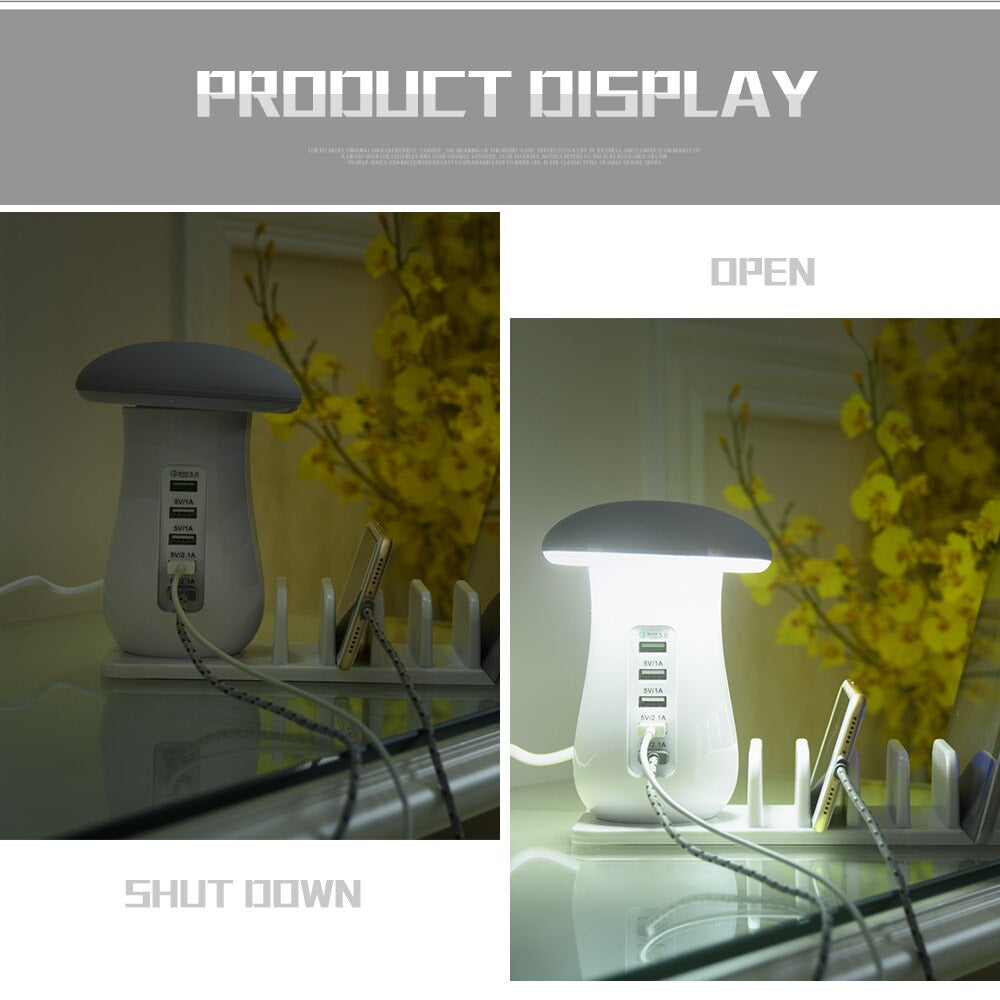 5-Ports USB Charger Charge 3.0 Technology with with Mushroom Lamp