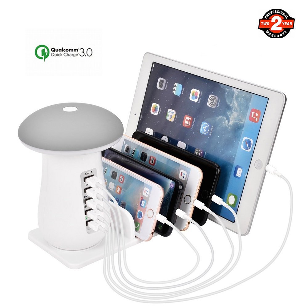 5-Ports USB Charger Charge 3.0 Technology with with Mushroom Lamp