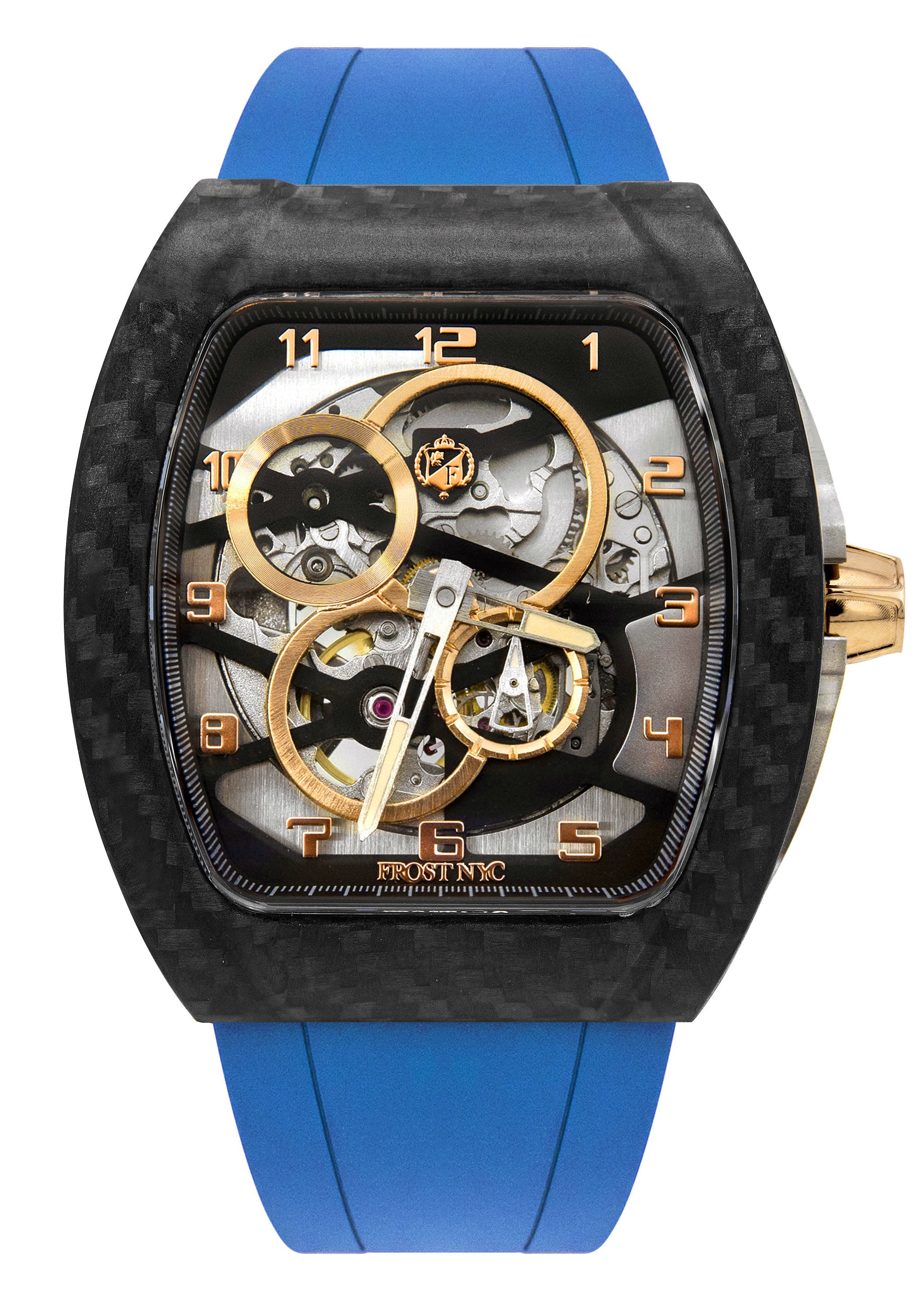 Frost NYC Mens Watch - Automatic Skeleton Carbon Fiber Sport Gold Watch | FRST-01-CFY| Blue