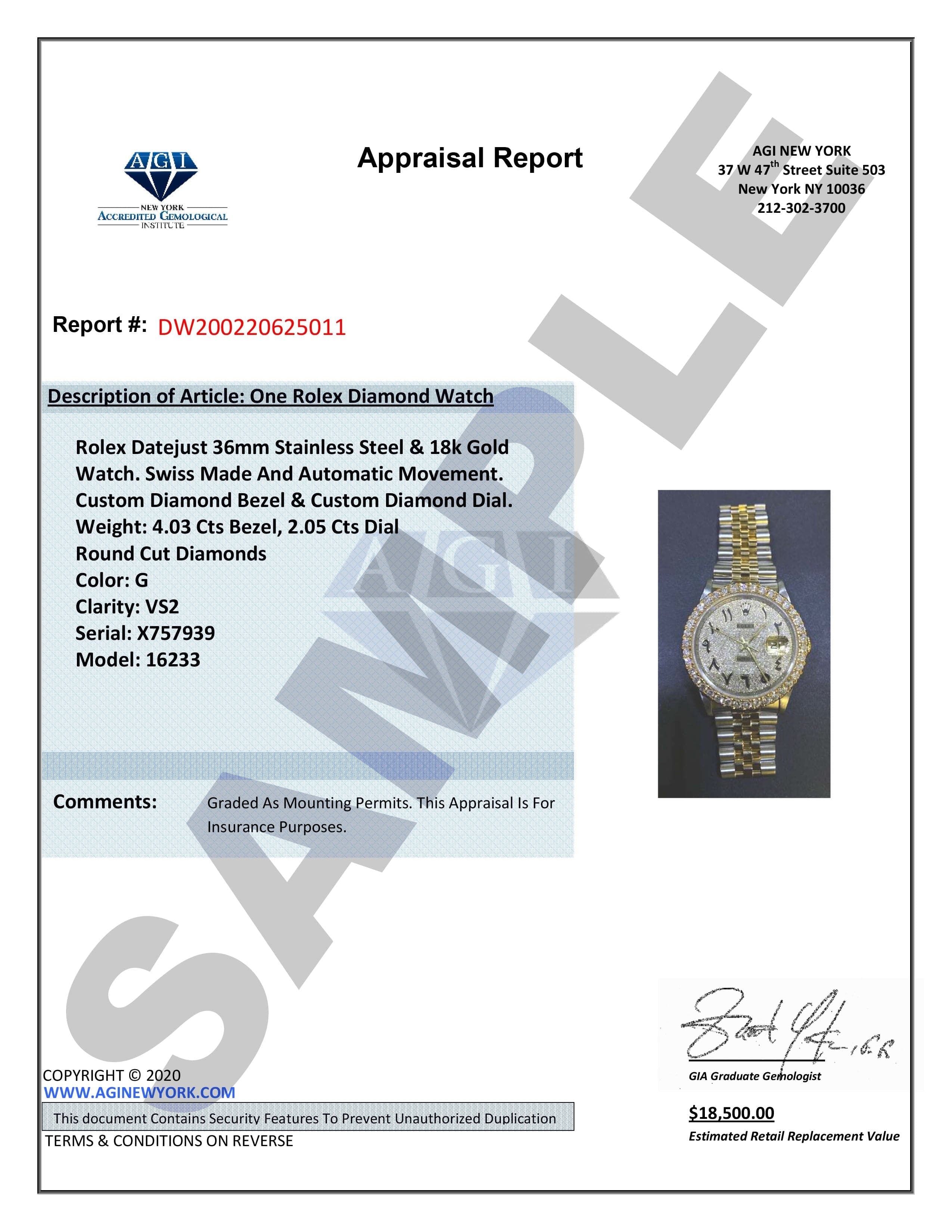 Diamond Gold Rolex Watch For Women 16233 | 36Mm | Blue Black Roman Numeral Dial | Two Row 4.25 Carat Bezel | Jubilee Band