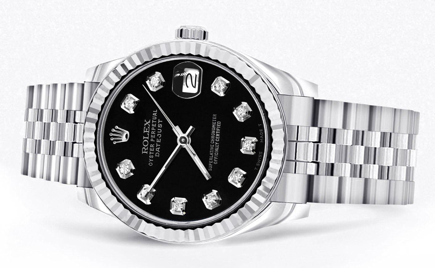 Diamond Rolex Watch | Fluted Bezel | 31MM | Black Diamond Dial | Jubilee Band