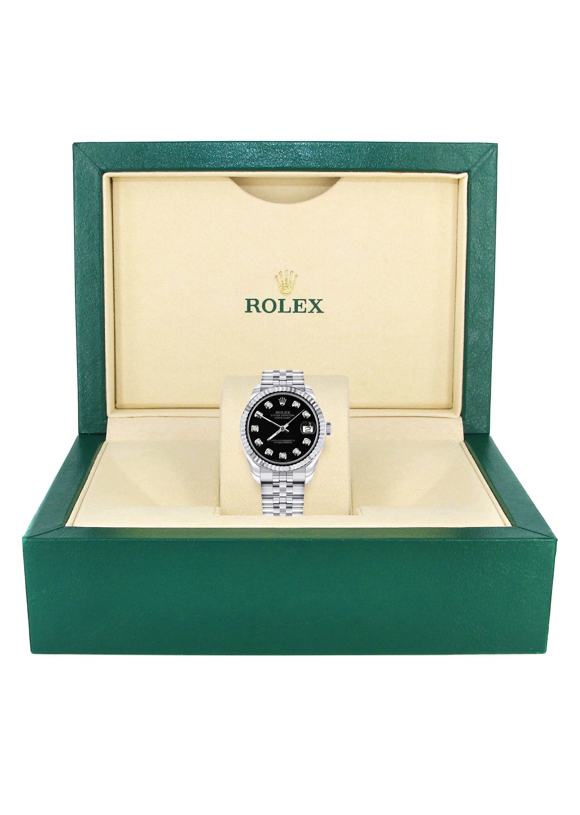 Diamond Rolex Watch | Fluted Bezel | 31MM | Black Diamond Dial | Jubilee Band