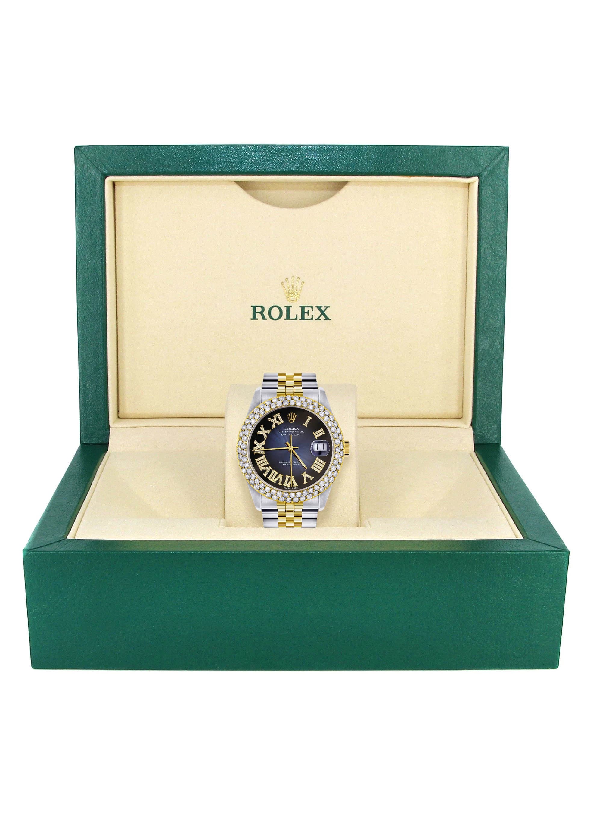 Diamond Gold Rolex Watch For Women 16233 | 36Mm | Blue Black Roman Numeral Dial | Two Row 4.25 Carat Bezel | Jubilee Band