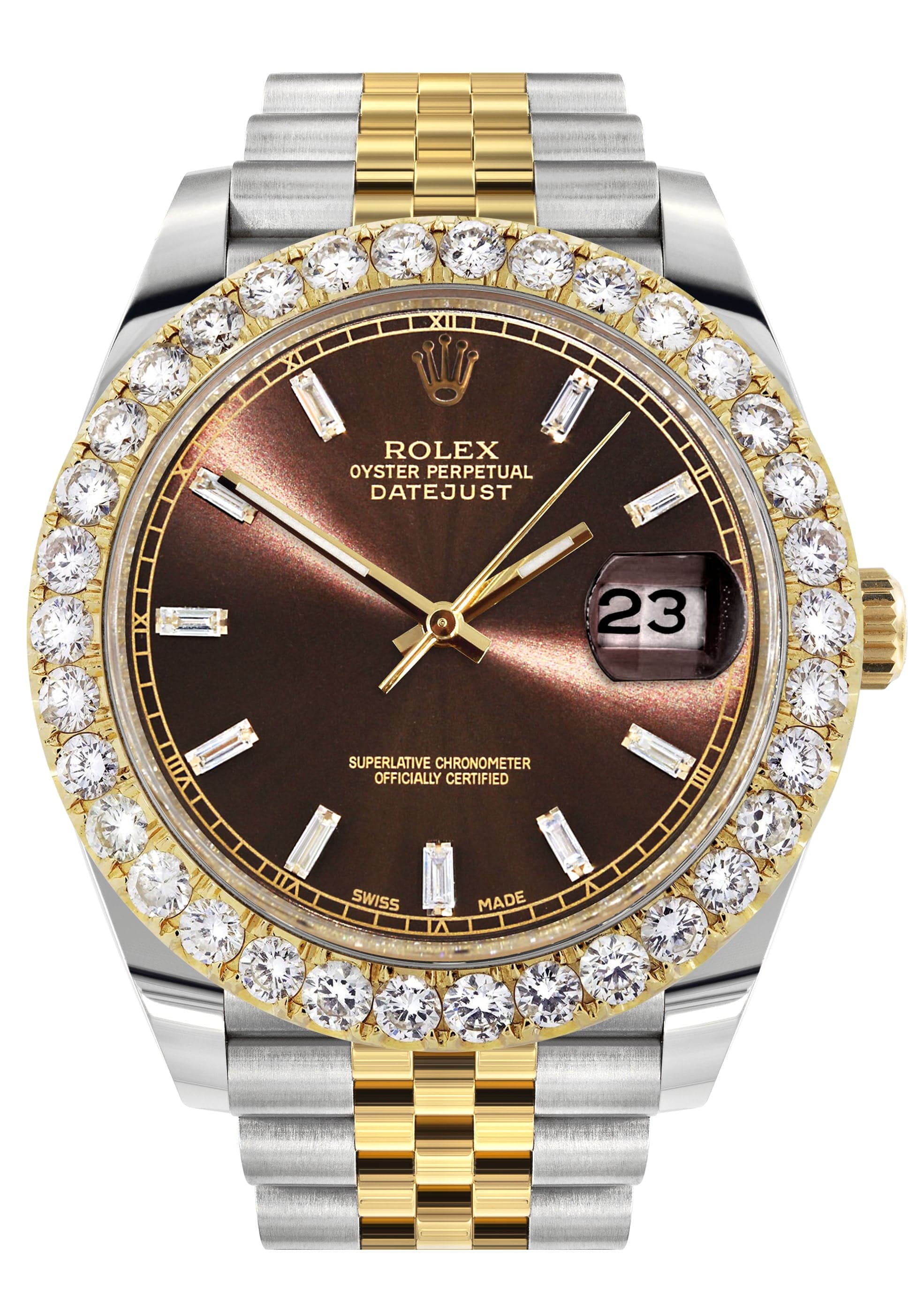 Rolex Datejust II Watch | 41 MM | 18K Yellow Gold & Stainless Steel | Custom Brown Baguette Diamond Dial | Jubilee Band