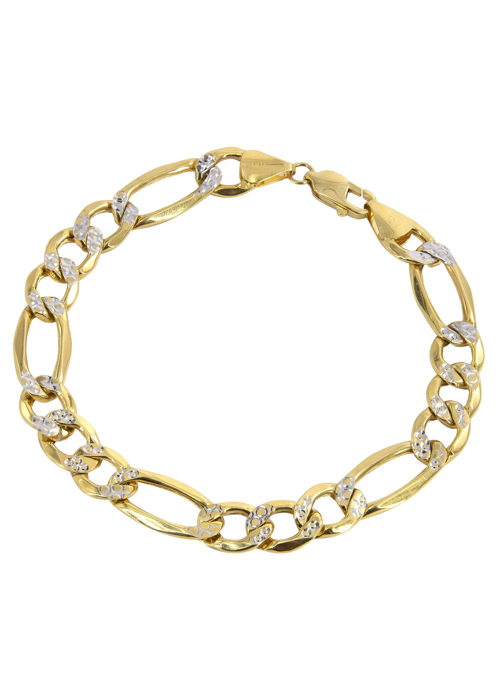 Diamond Cut Hollow Mens Figaro Bracelet 10K/14K Yellow Gold