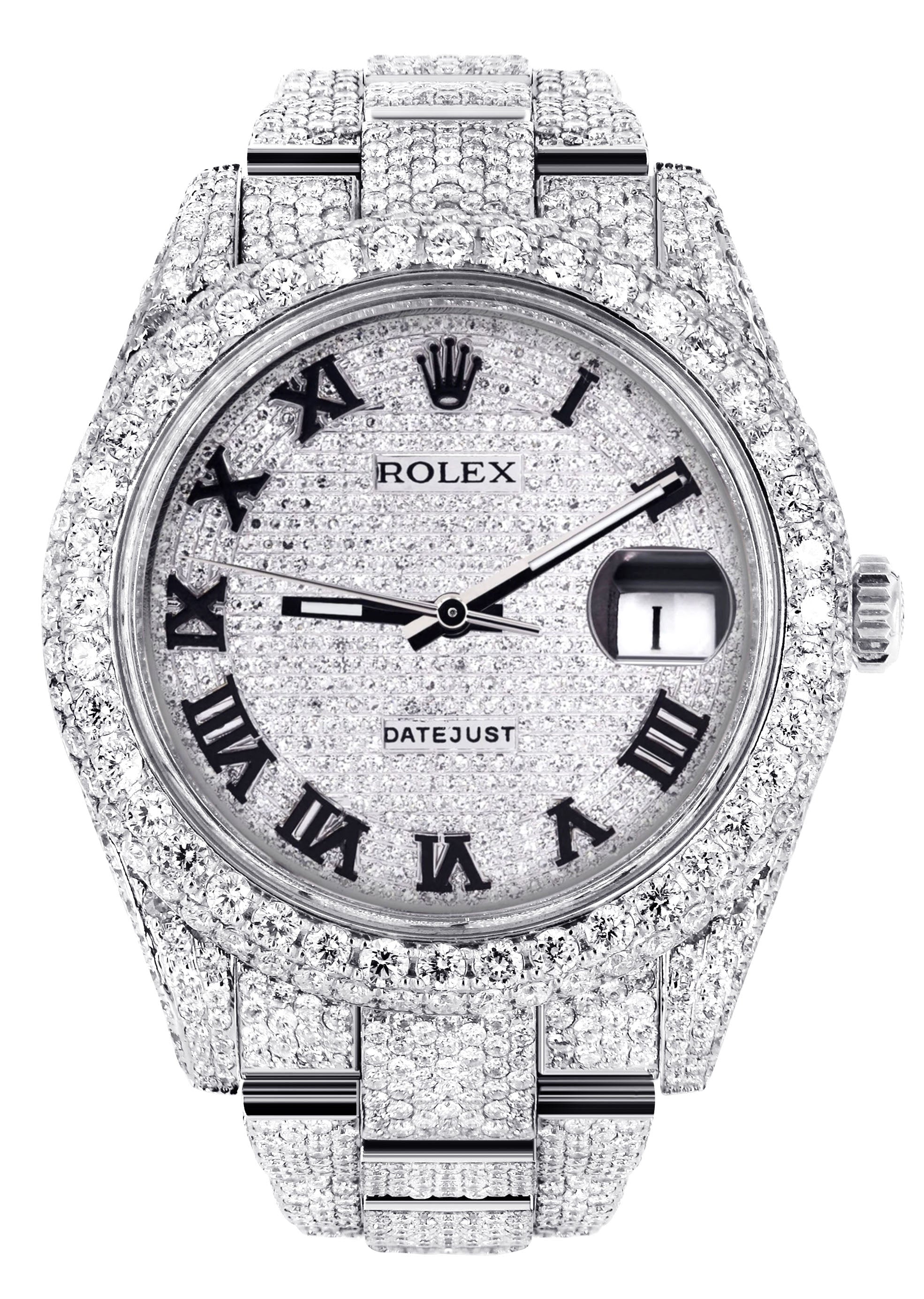 Womens Diamond Iced Out Rolex Datejust 41 | 25 Carats Of Diamonds | Custom Roman Numeral Diamond Dial | Two Row | Oyster Band