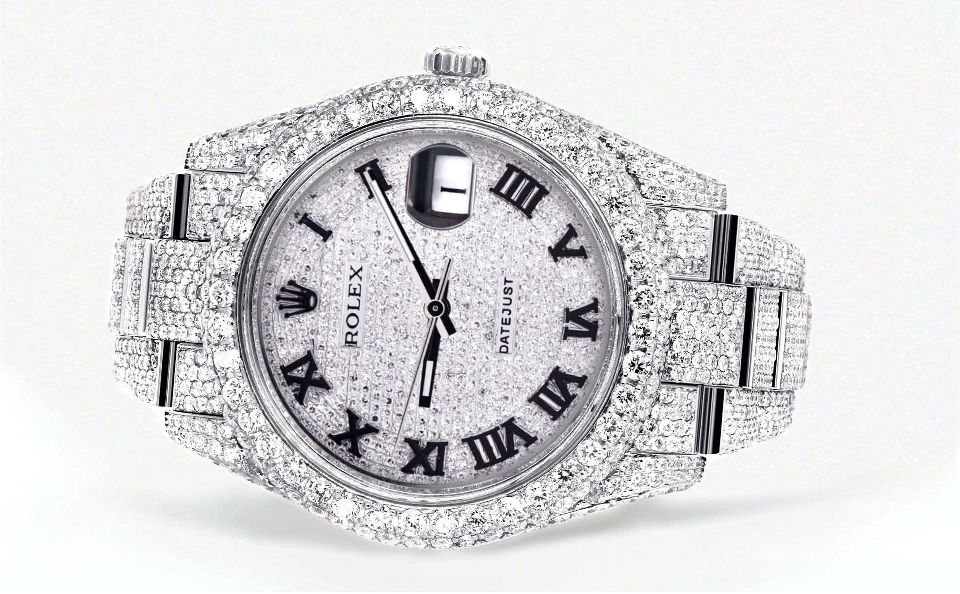 Womens Diamond Iced Out Rolex Datejust 41 | 25 Carats Of Diamonds | Custom Roman Numeral Diamond Dial | Two Row | Oyster Band