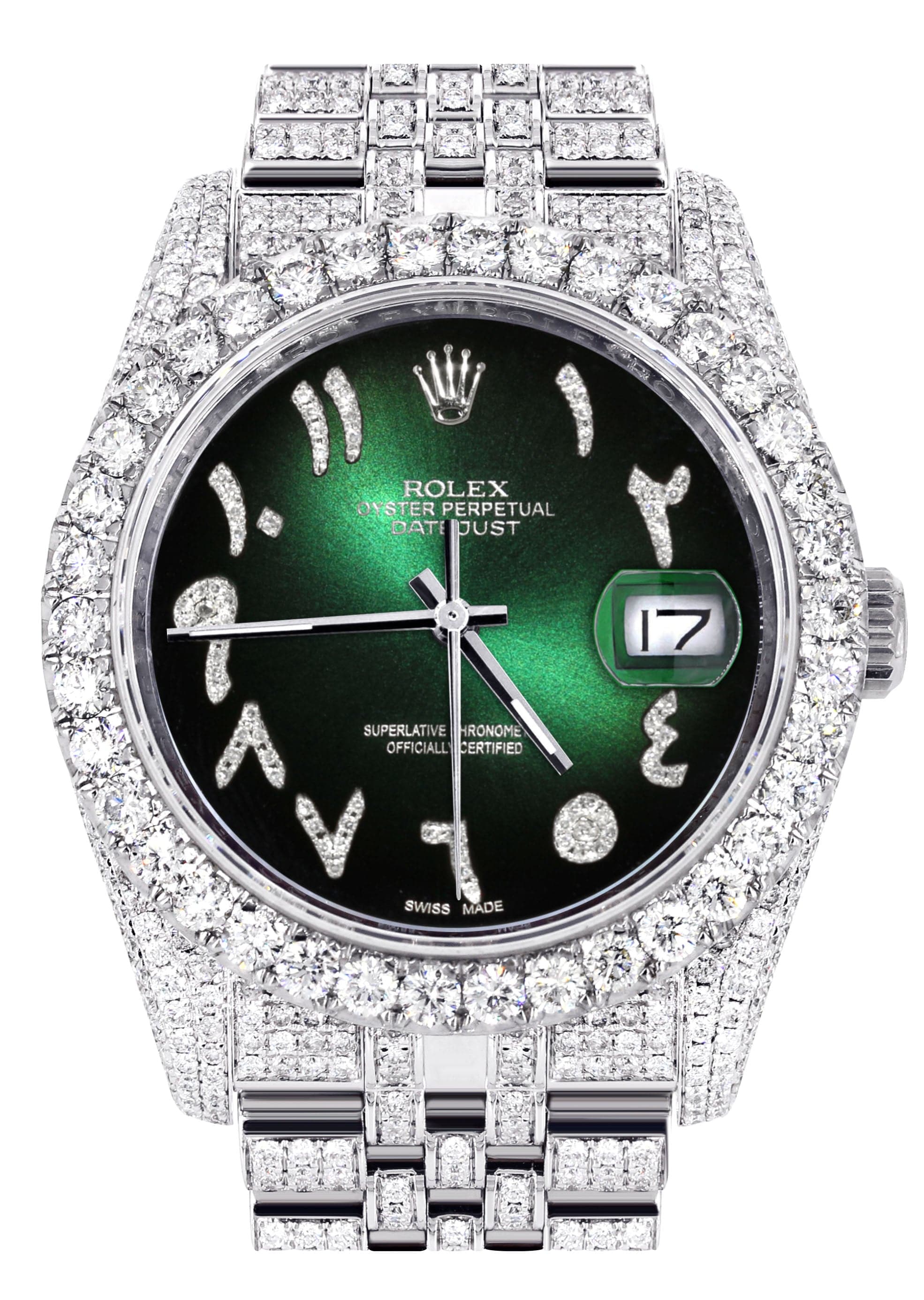 Iced Out Rolex Datejust 36 MM | Stainless Steel | 16.5 Carats of Diamonds | Green Black Arabic Diamond Dial | Jubilee Band | Model 116200