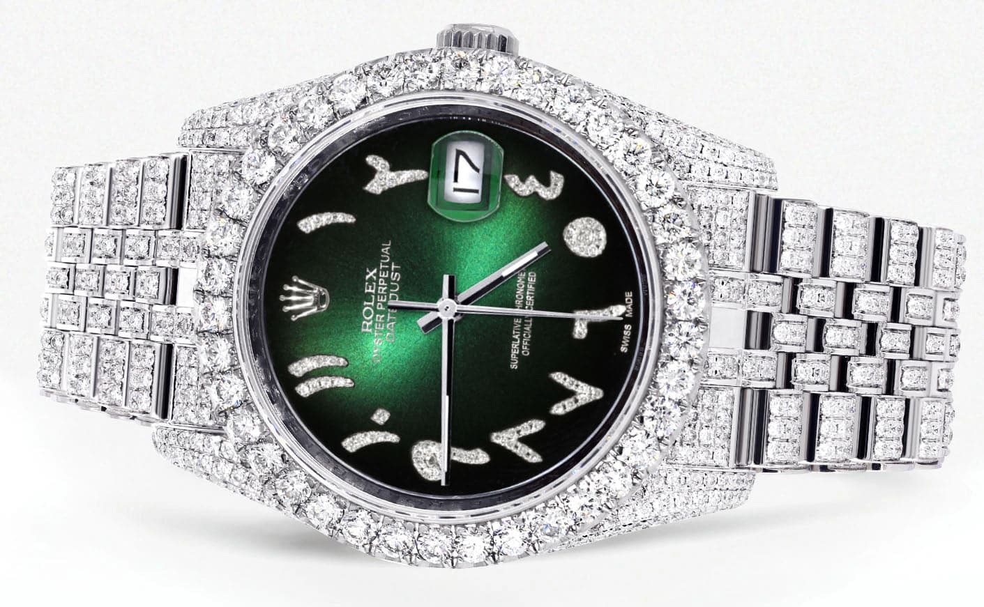 Iced Out Rolex Datejust 36 MM | Stainless Steel | 16.5 Carats of Diamonds | Green Black Arabic Diamond Dial | Jubilee Band | Model 116200