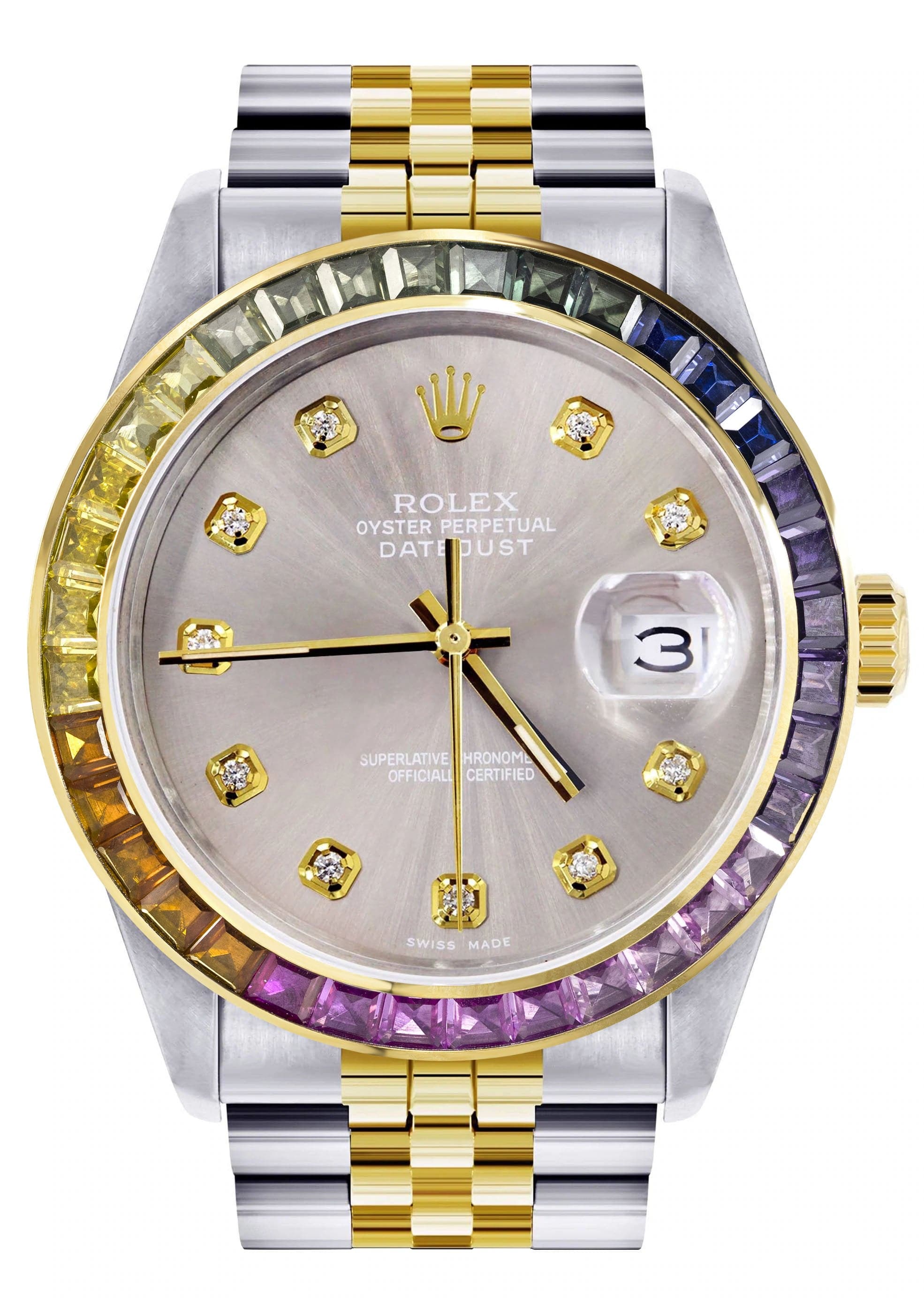 Diamond Gold Rolex Watch For Men 16233 | 36Mm | Rainbow Sapphire Bezel | Grey Dial | Jubilee Band