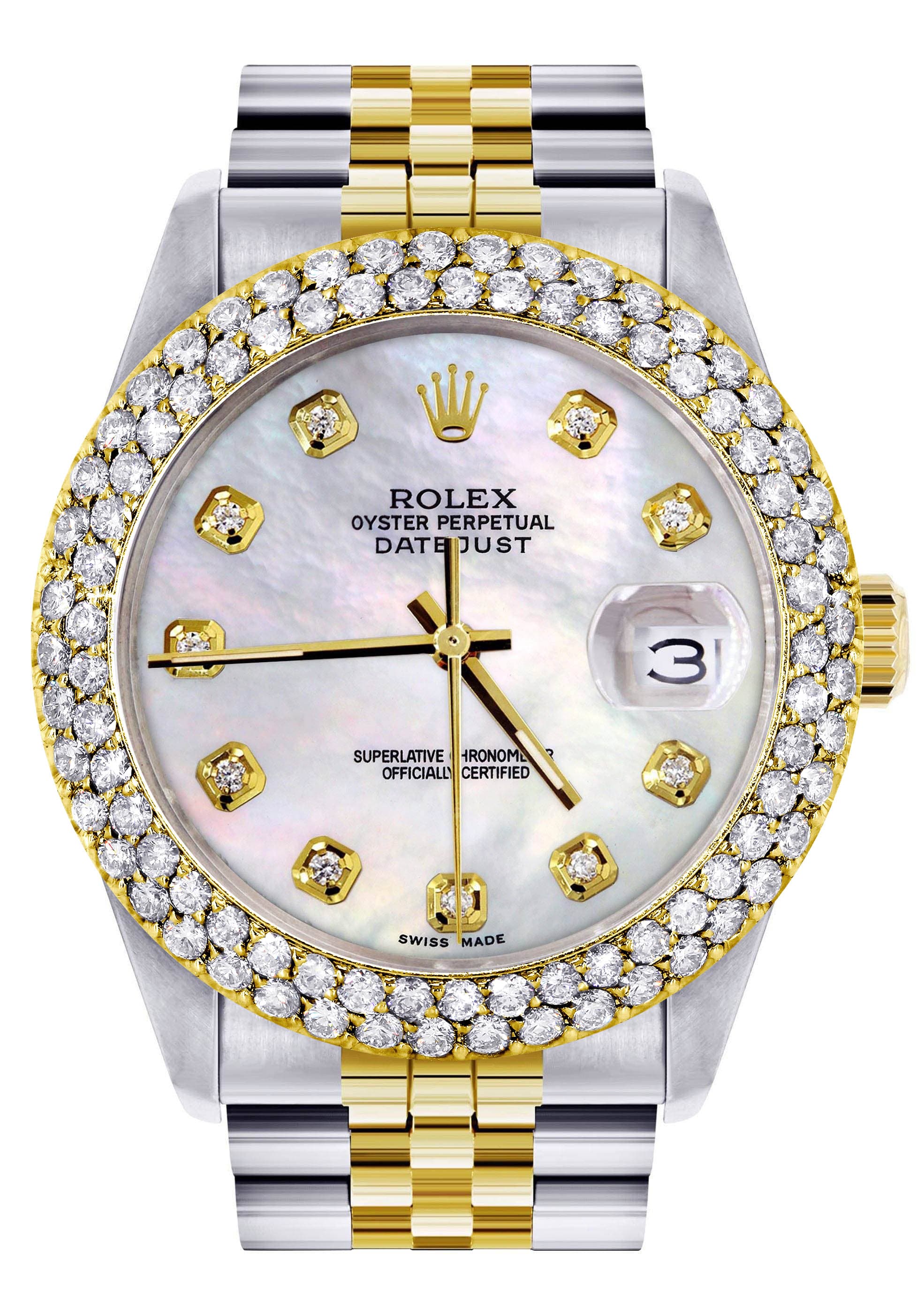 Diamond Gold Rolex Watch For Women 16233 | 36Mm | Mother of Pearl Dial | Two Row 4.25 Carat Bezel | Jubilee Band