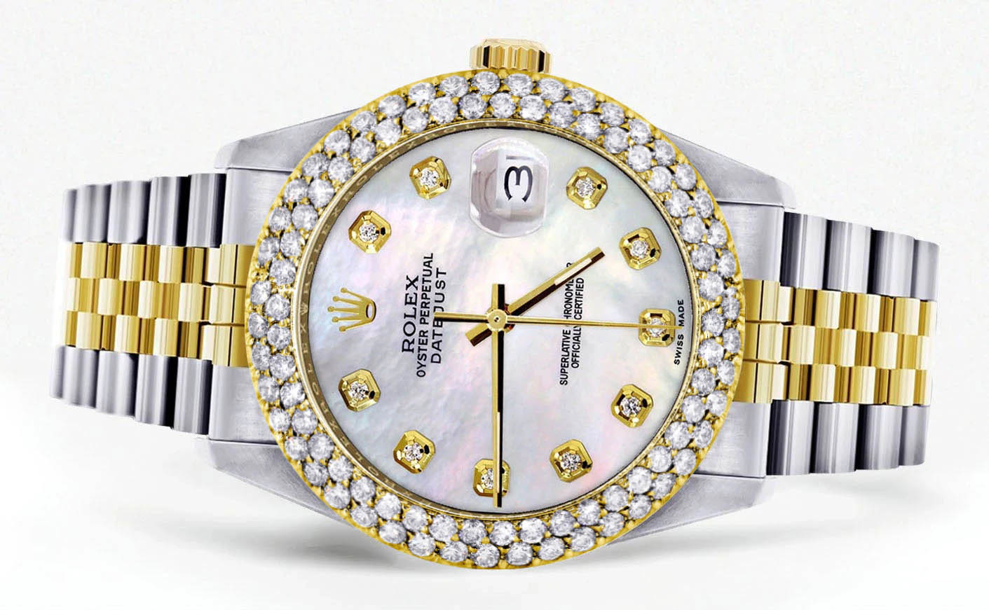 Diamond Gold Rolex Watch For Women 16233 | 36Mm | Mother of Pearl Dial | Two Row 4.25 Carat Bezel | Jubilee Band