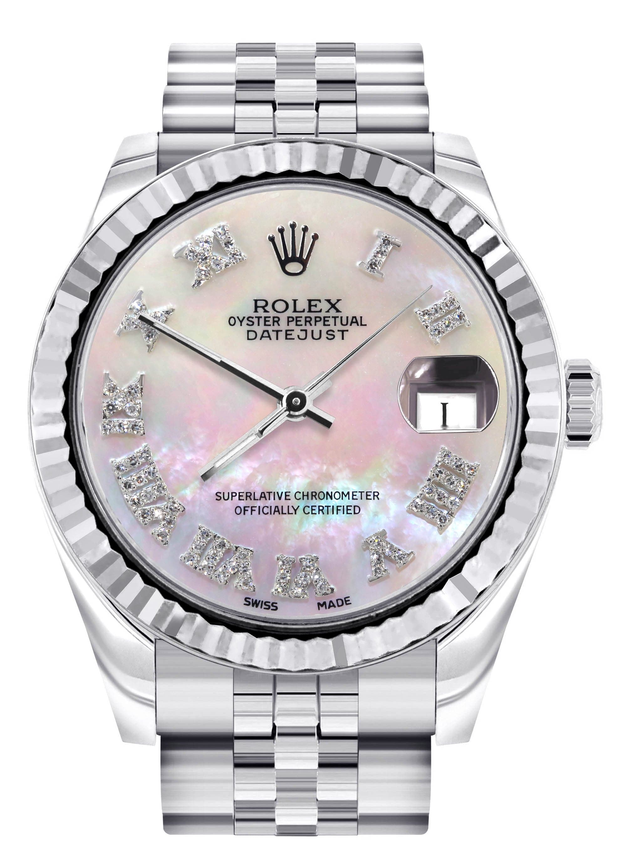 Diamond Rolex Watch | Fluted Bezel | 31MM | Mother of Pearl Diamond Dial | Jubilee Band