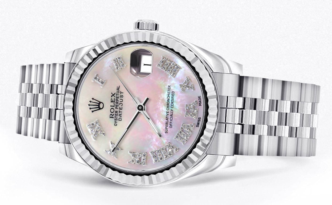 Diamond Rolex Watch | Fluted Bezel | 31MM | Mother of Pearl Diamond Dial | Jubilee Band