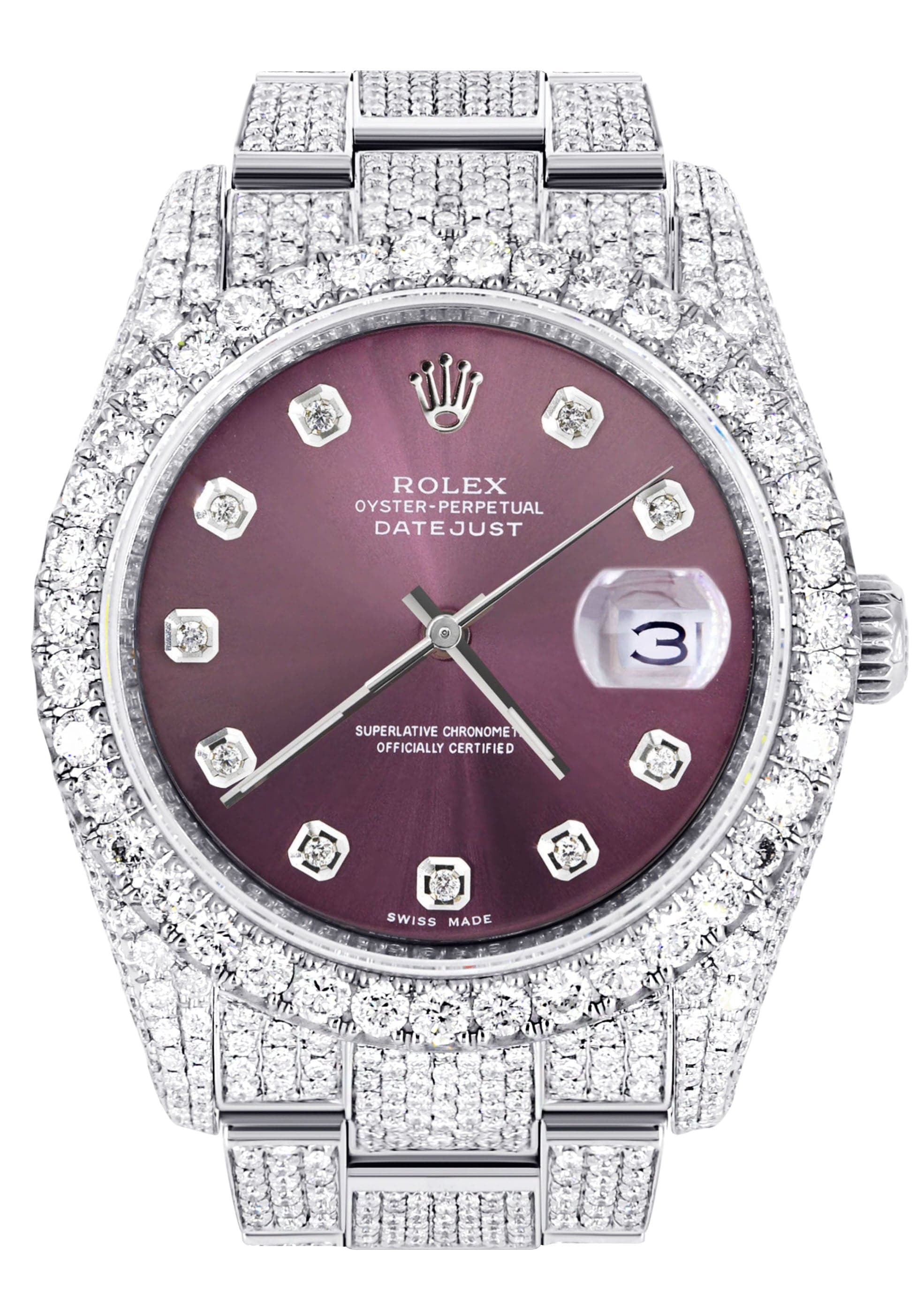 Iced Out Rolex Datejust 36 MM | Stainless Steel | 16.5 Carats of Diamonds | Purple Diamond Dial | Oyster Band | Model 116200