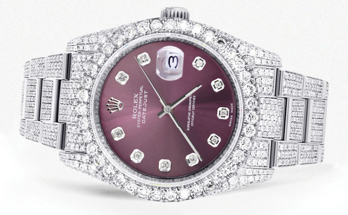 Iced Out Rolex Datejust 36 MM | Stainless Steel | 16.5 Carats of Diamonds | Purple Diamond Dial | Oyster Band | Model 116200