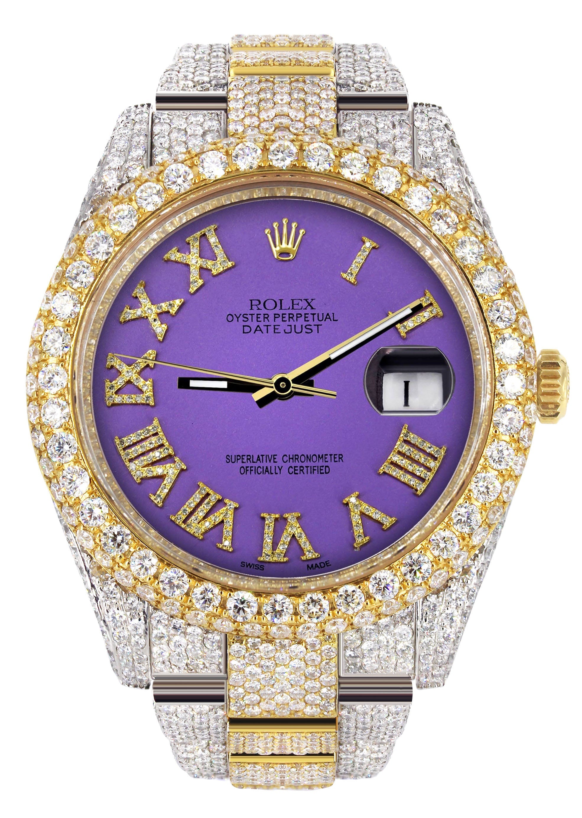 Womens Diamond Iced Out Rolex Datejust 41 | 25 Carats Of Diamonds | Custom Purple Roman Numeral Diamond Dial | Two Tone | Two Row | Oyster Band