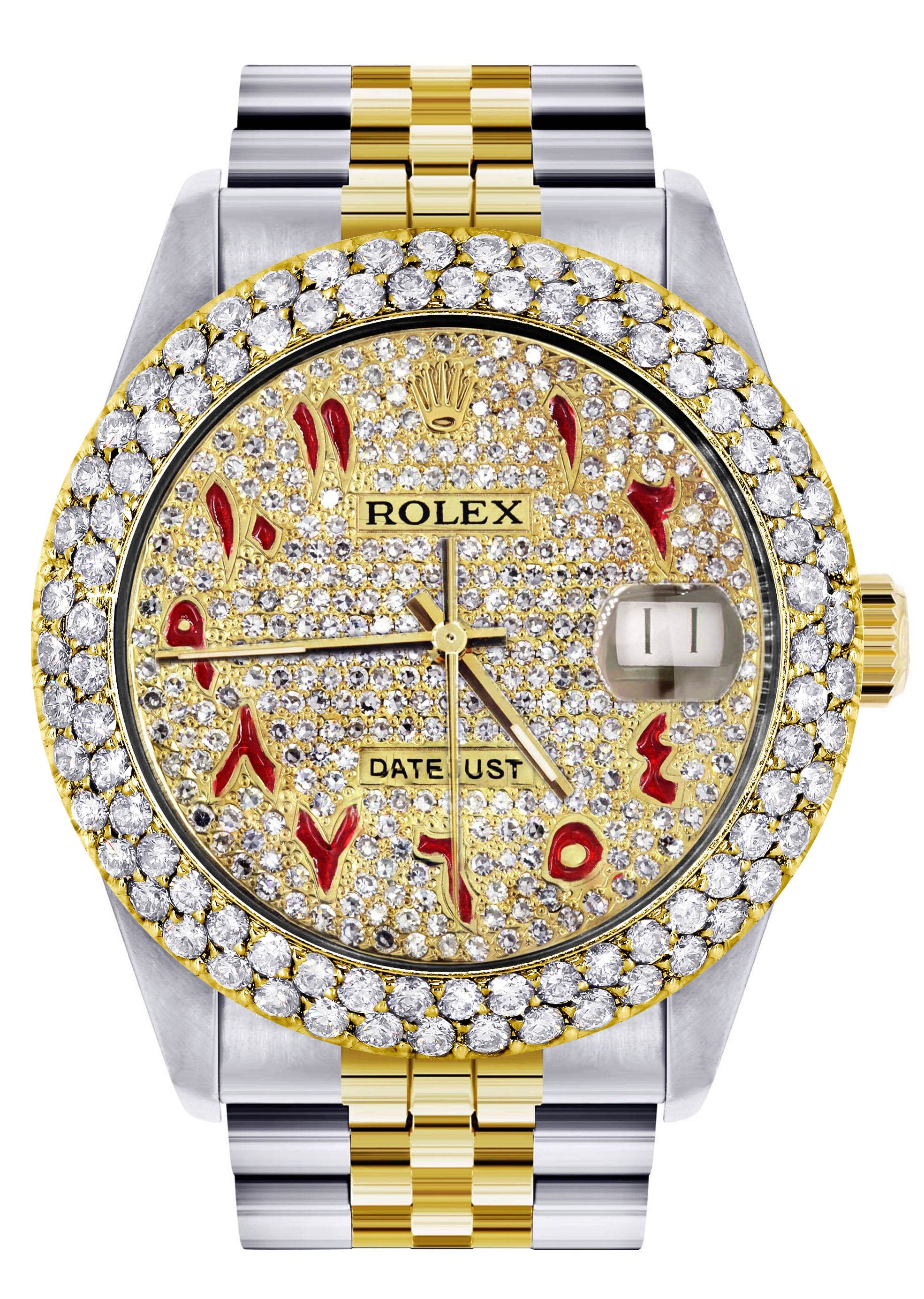 Diamond Gold Rolex Watch For Women 16233 | 36Mm | Custom Red Arabic Full Diamond Dial | Two Row 4.25 Carat Bezel | Jubilee Band
