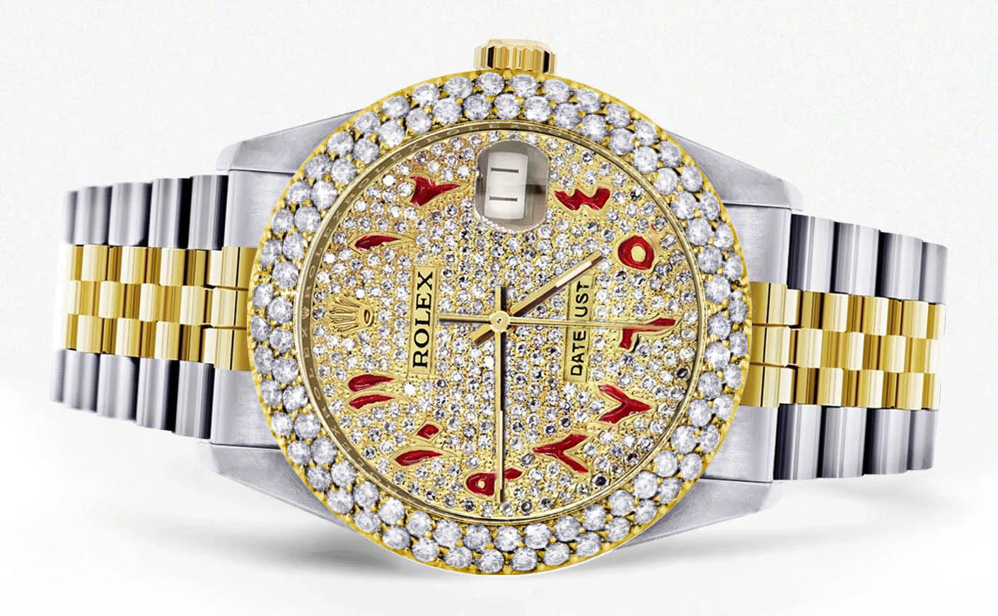 Diamond Gold Rolex Watch For Women 16233 | 36Mm | Custom Red Arabic Full Diamond Dial | Two Row 4.25 Carat Bezel | Jubilee Band