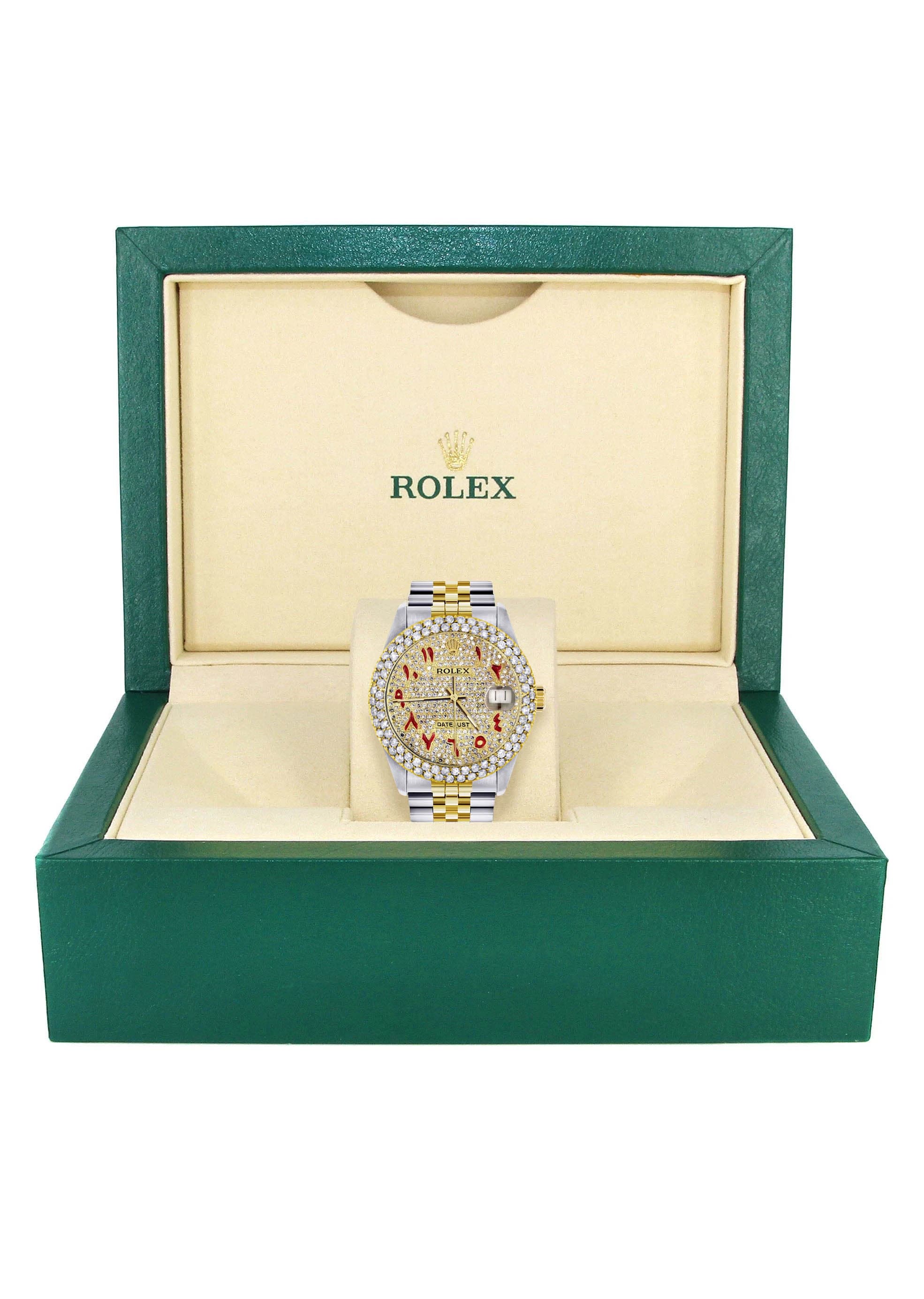 Diamond Gold Rolex Watch For Women 16233 | 36Mm | Custom Red Arabic Full Diamond Dial | Two Row 4.25 Carat Bezel | Jubilee Band