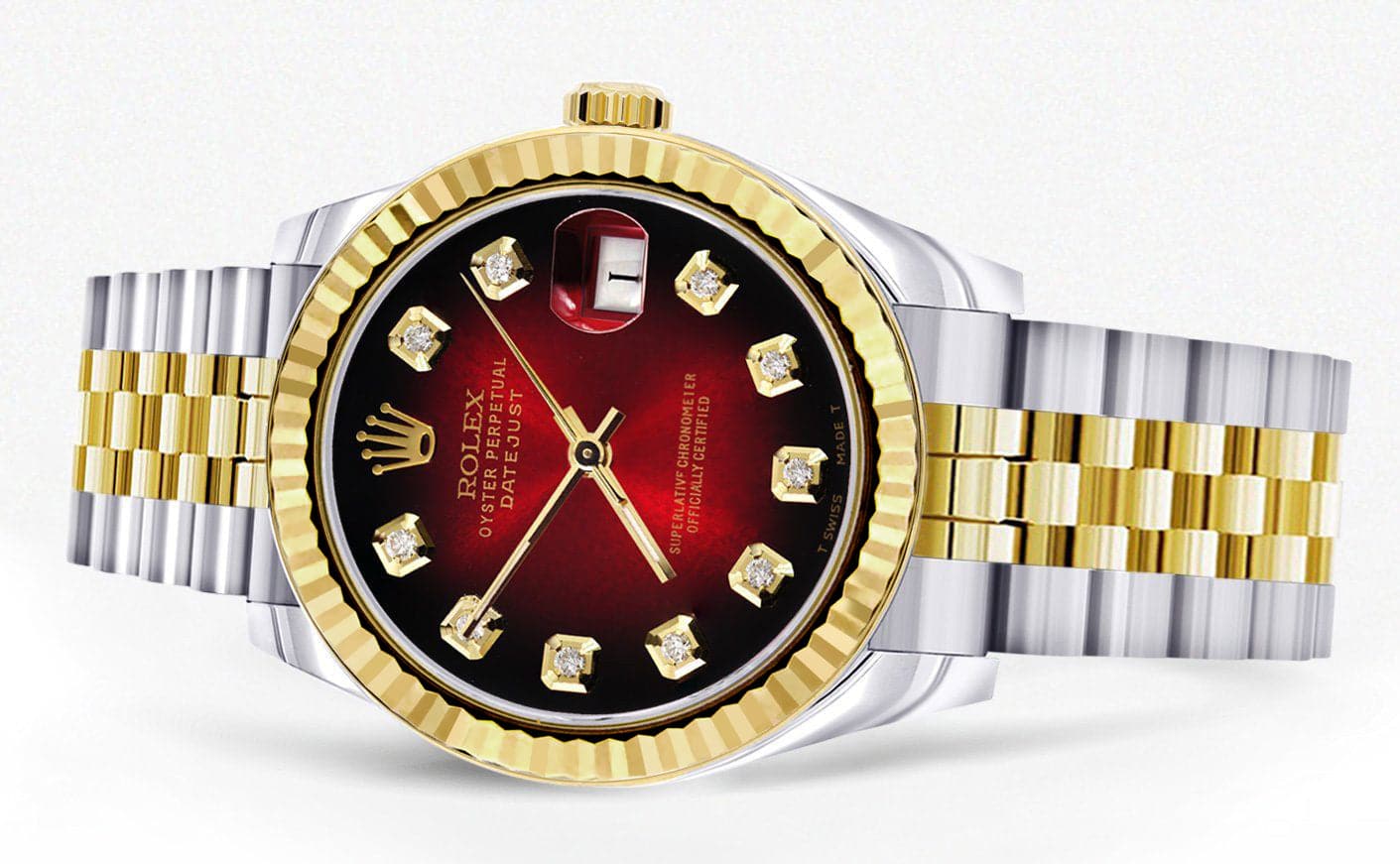 Diamond Gold Rolex Watch | Fluted Bezel | 31MM | Red Black Diamond Dial | Jubilee Band