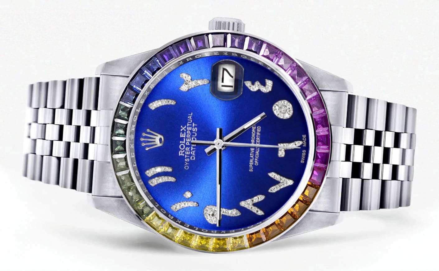 Diamond Gold Rolex Watch For Men 16200 | 36Mm | Rainbow Sapphire Bezel | Blue Arabic Numeral Dial | Jubilee Band