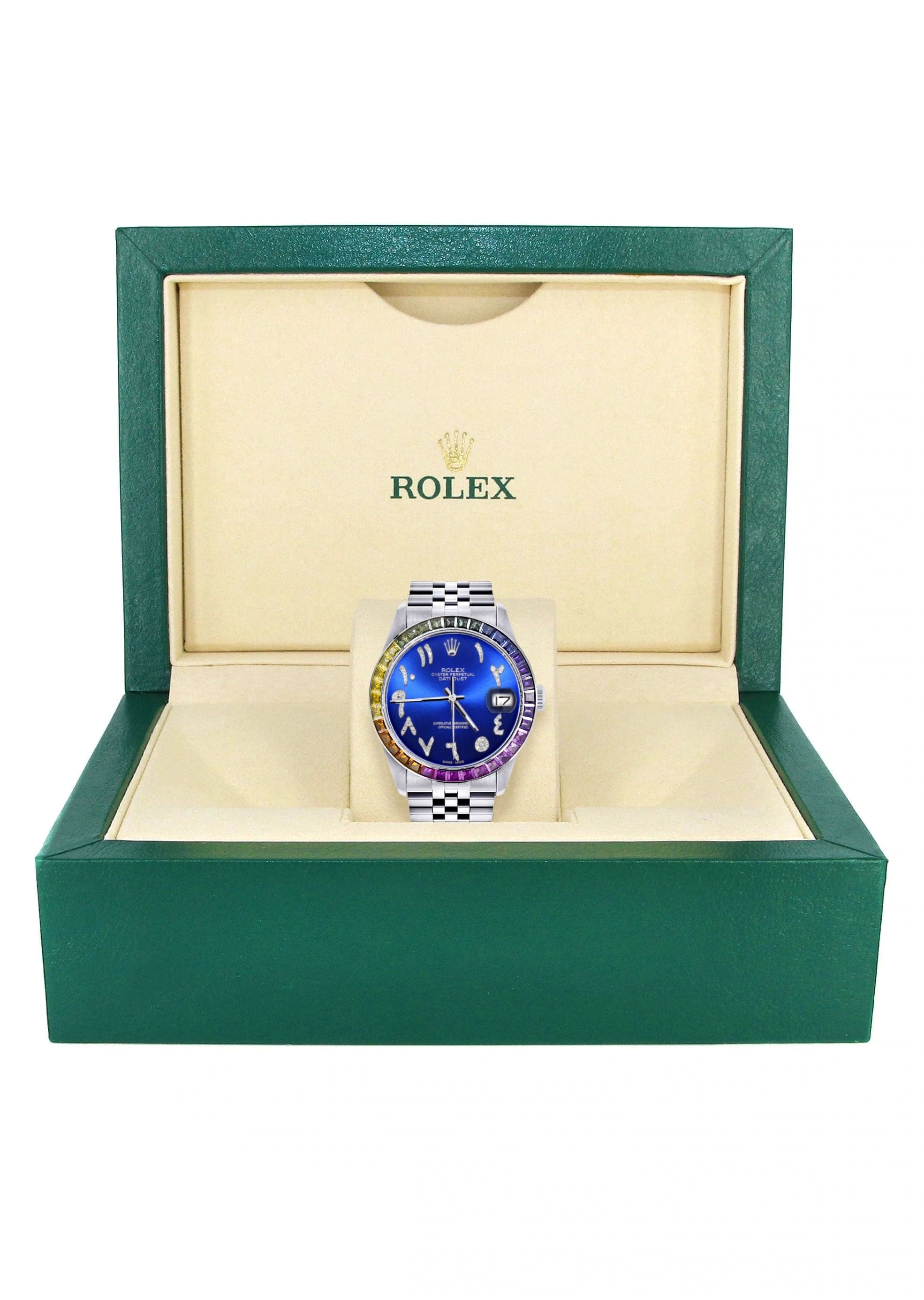 Diamond Gold Rolex Watch For Men 16200 | 36Mm | Rainbow Sapphire Bezel | Blue Arabic Numeral Dial | Jubilee Band